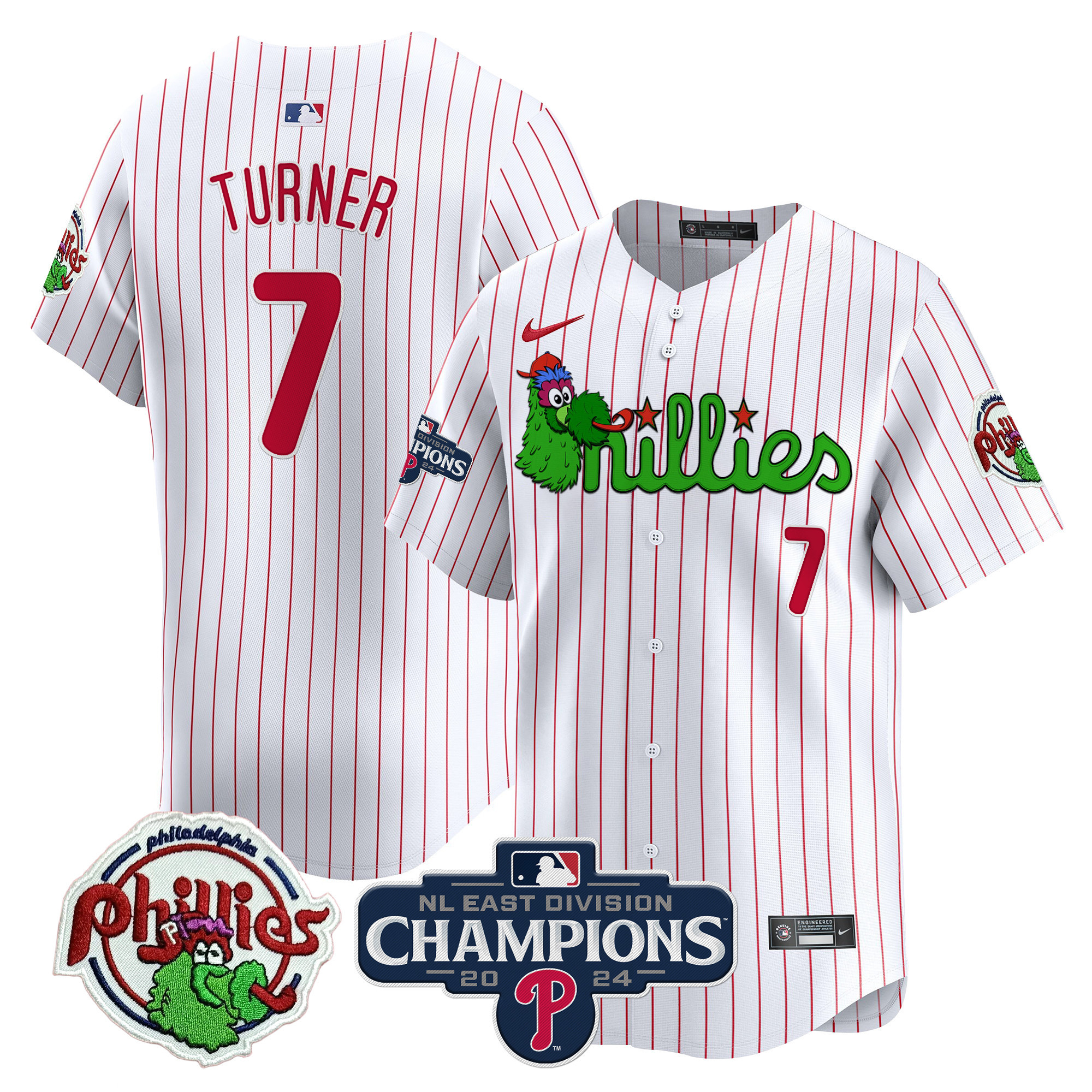Men's Trea Turner Philadelphia Phillies Phanatic 2024 NL East Division Champions Vapor Premier Limited White Pinstripe Jersey V2 - All Stitched