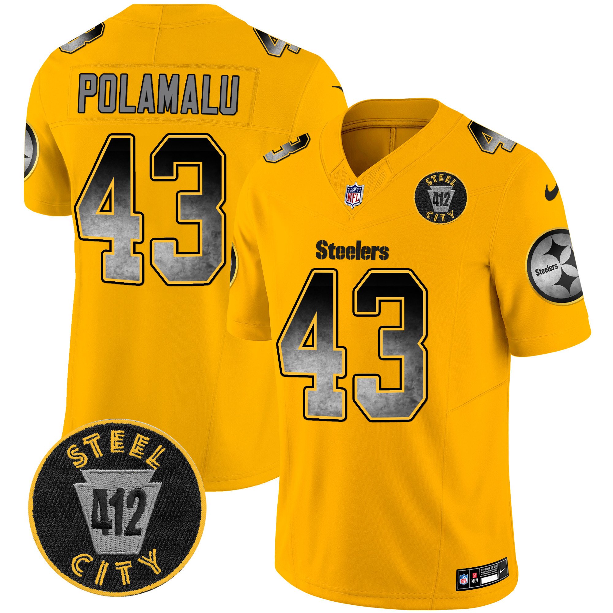 Men's Troy Polamalu Pittsburgh Steelers Arch Smoke 412 Patch Vapor Limited Gold Jersey - All Stitched