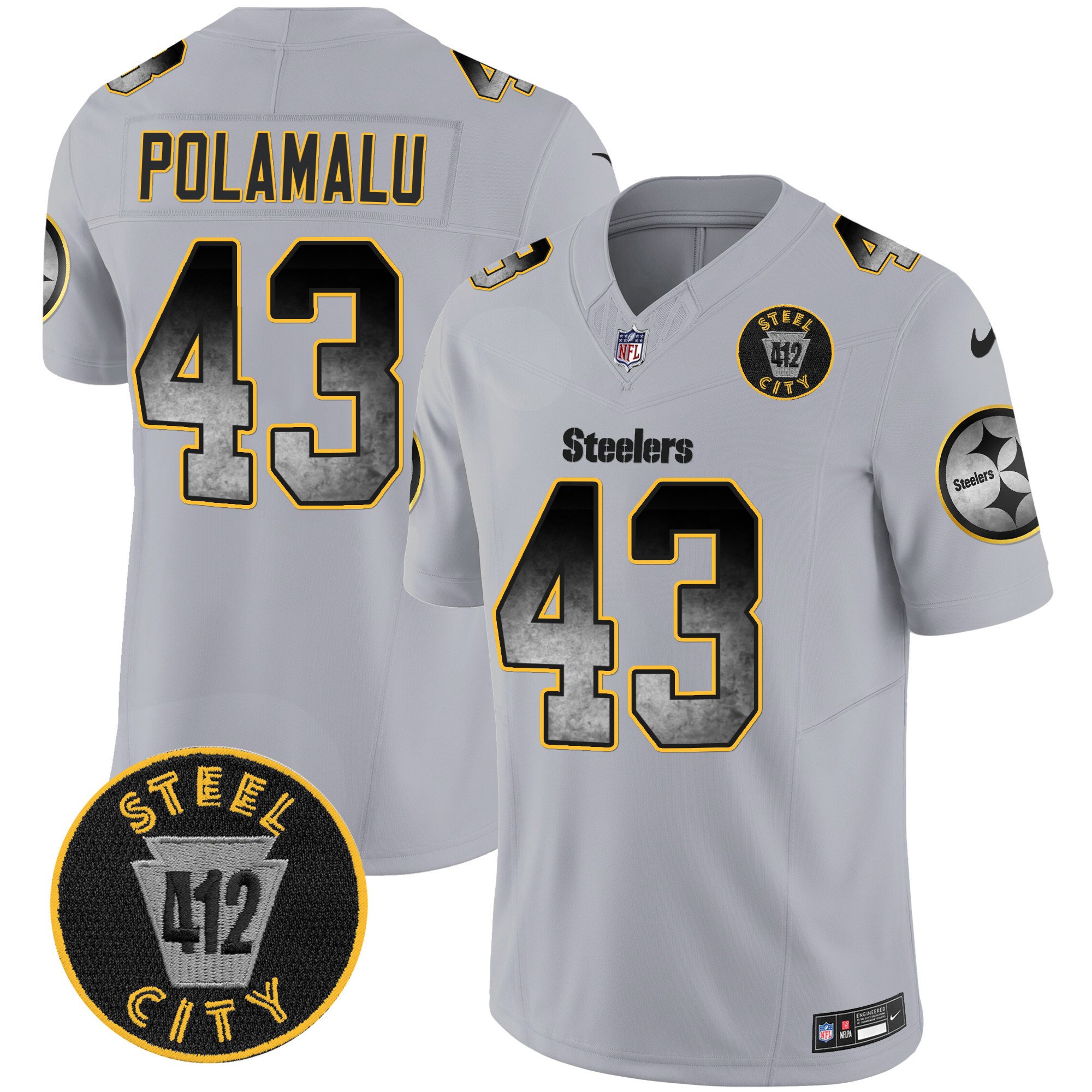 Men's Troy Polamalu Pittsburgh Steelers Arch Smoke 412 Patch Vapor Limited Gray Jersey - All Stitched