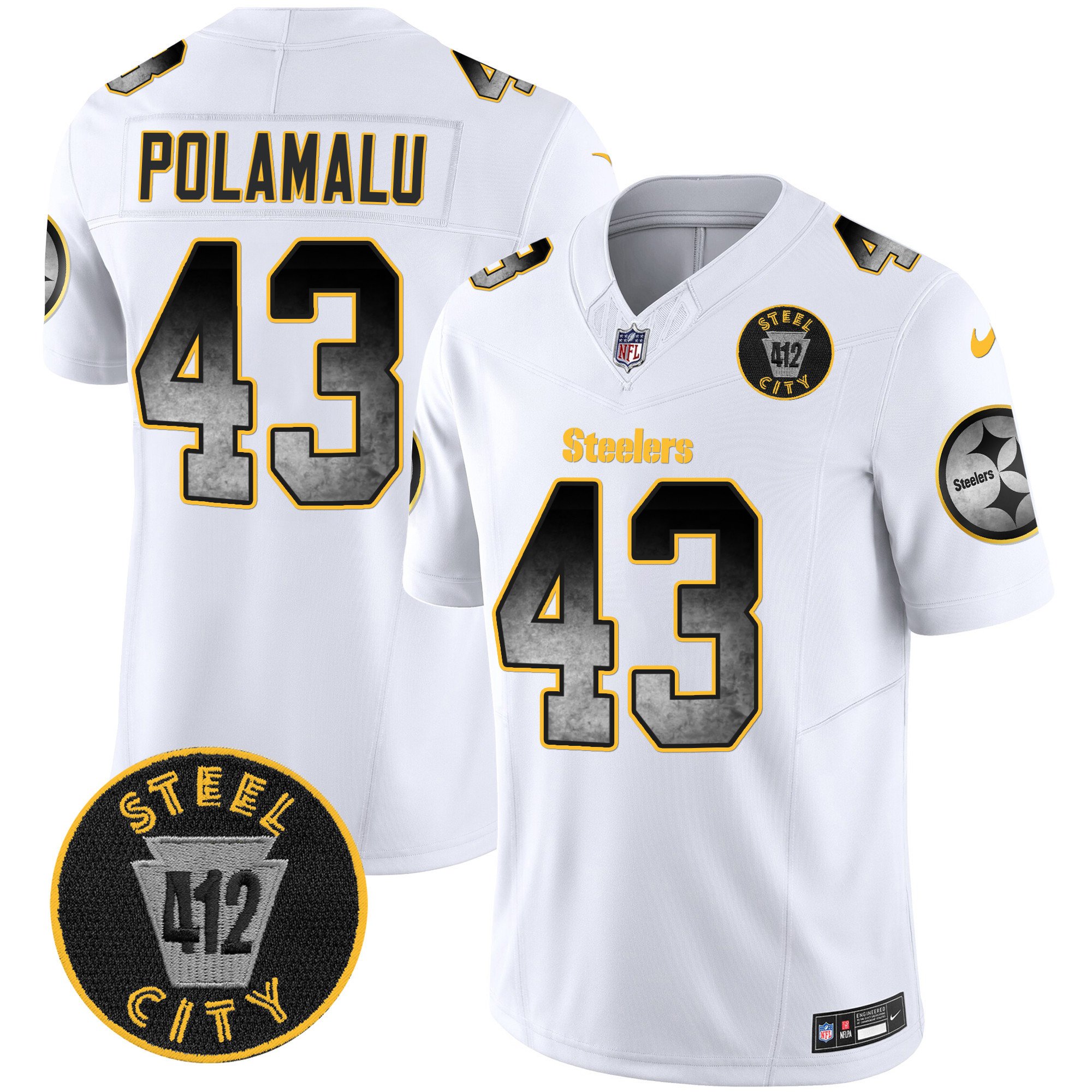Men's Troy Polamalu Pittsburgh Steelers Arch Smoke 412 Patch Vapor Limited White Jersey - All Stitched