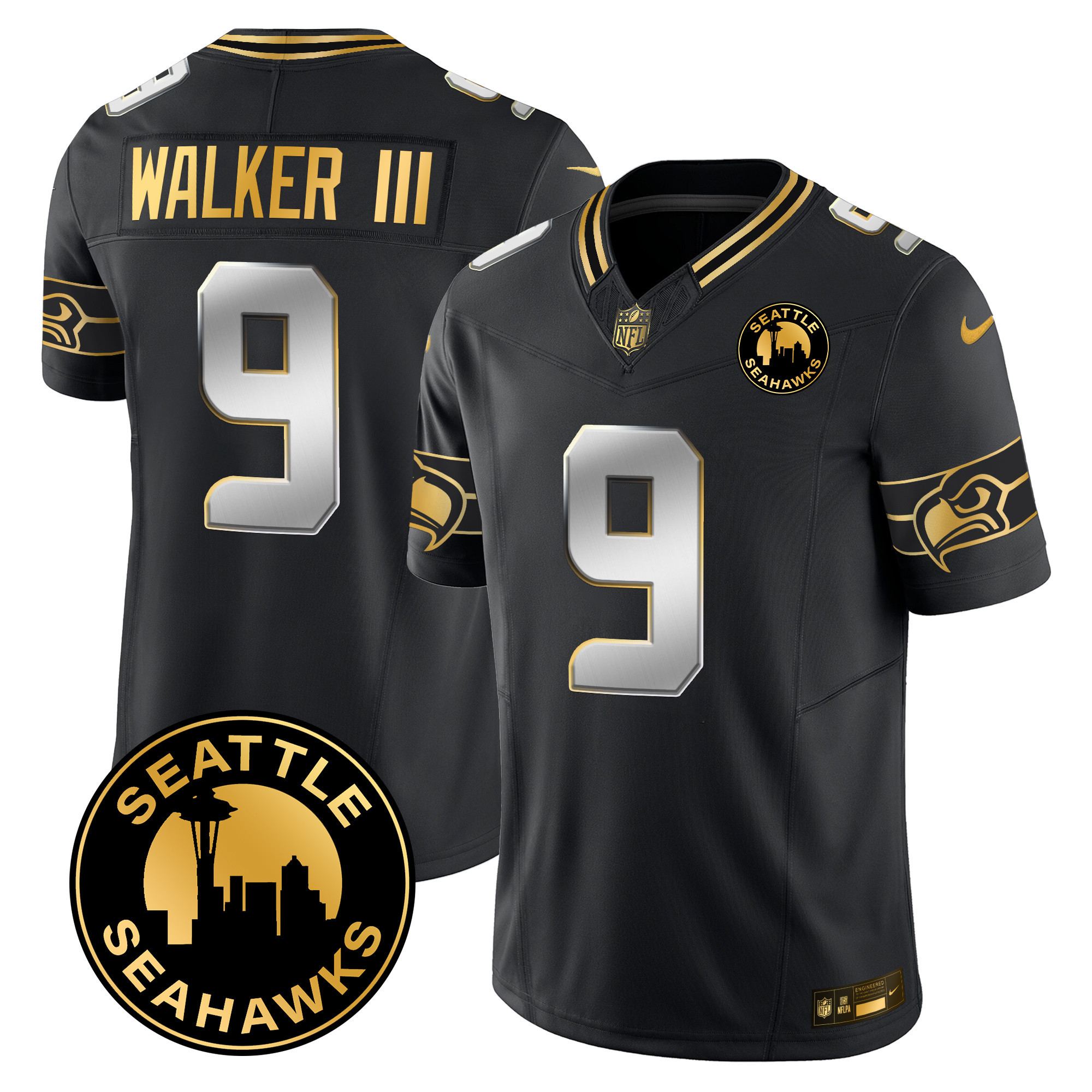 Men's Walker III Seattle Seahawks 2024 Seattle City Patch Gold Vapor Limited Black Limited Jersey - All Stitched
