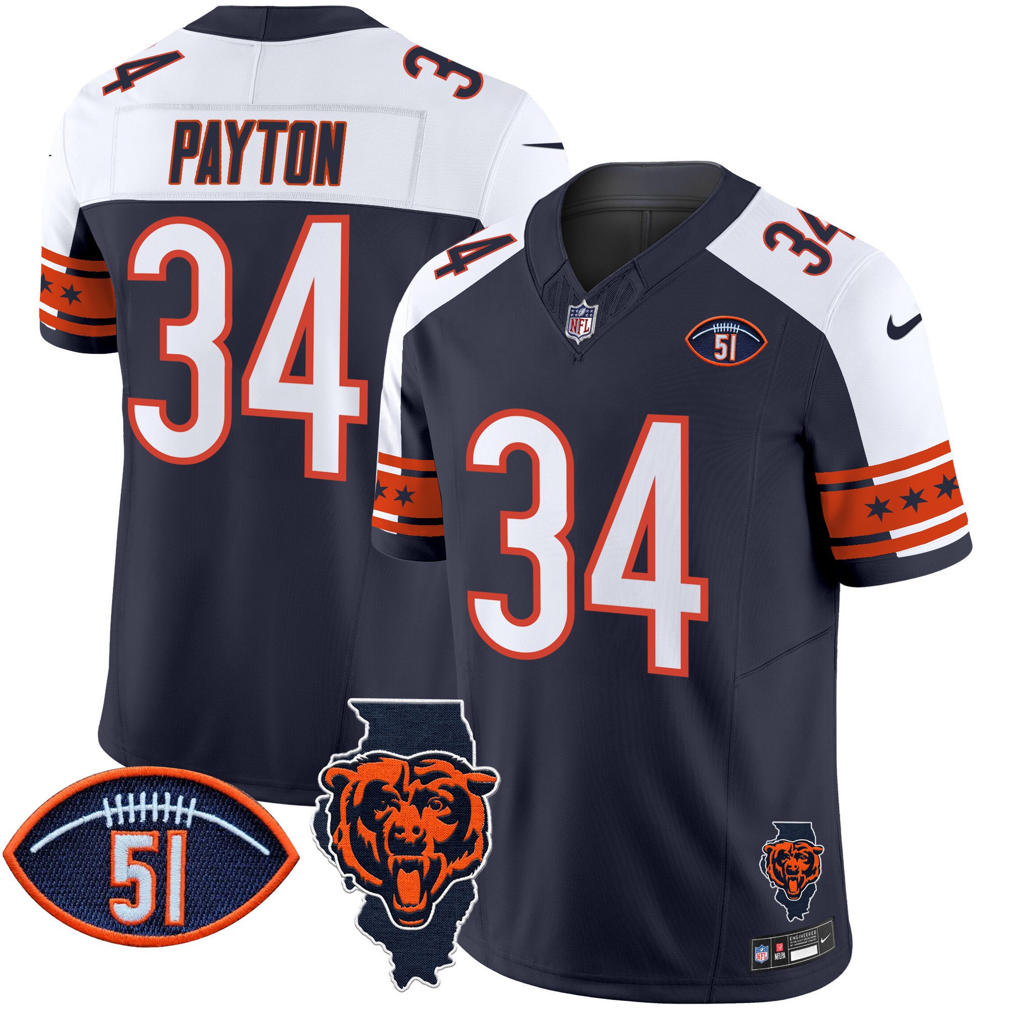 Men's Walter Payton Chicago Bears Illinois & Dick Butkus Patch Vapor Limited Alternate Jersey - All Stitched