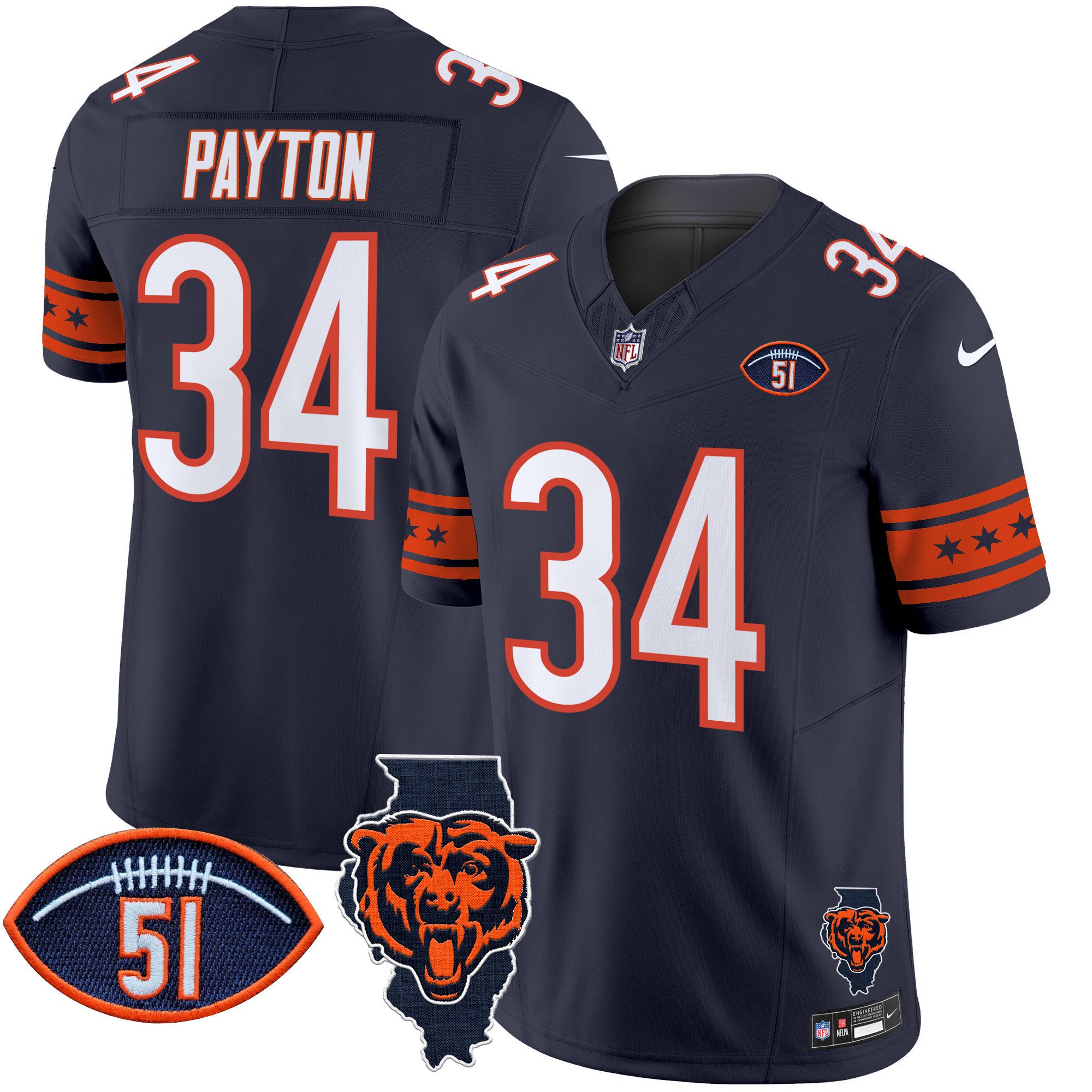 Men's Walter Payton Chicago Bears Illinois & Dick Butkus Patch Vapor Limited Navy Jersey - All Stitched