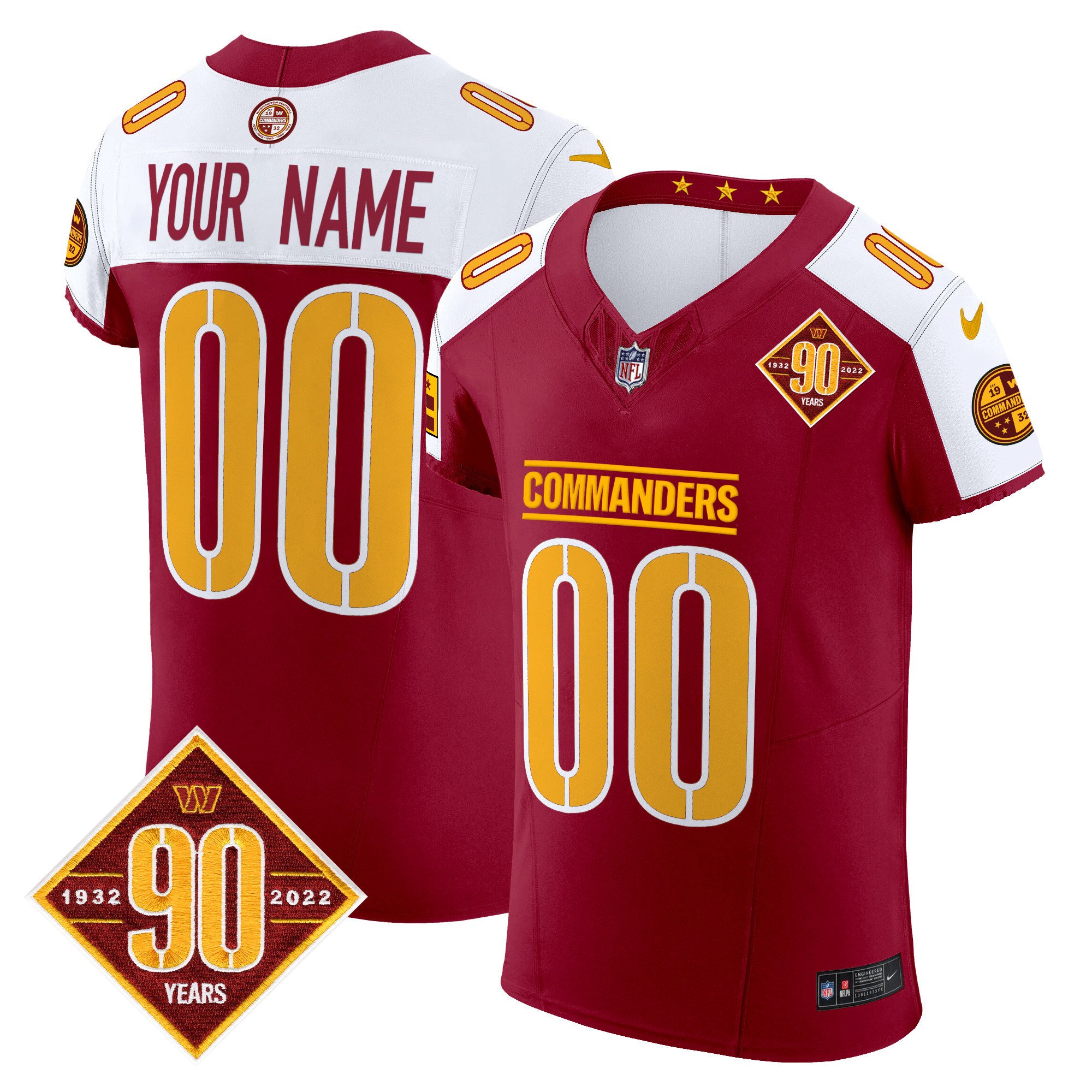 Men's Washington Commanders 90th Anniversary Patch Vapor Elite Custom Burgundy Alternate Jersey - All Stitched