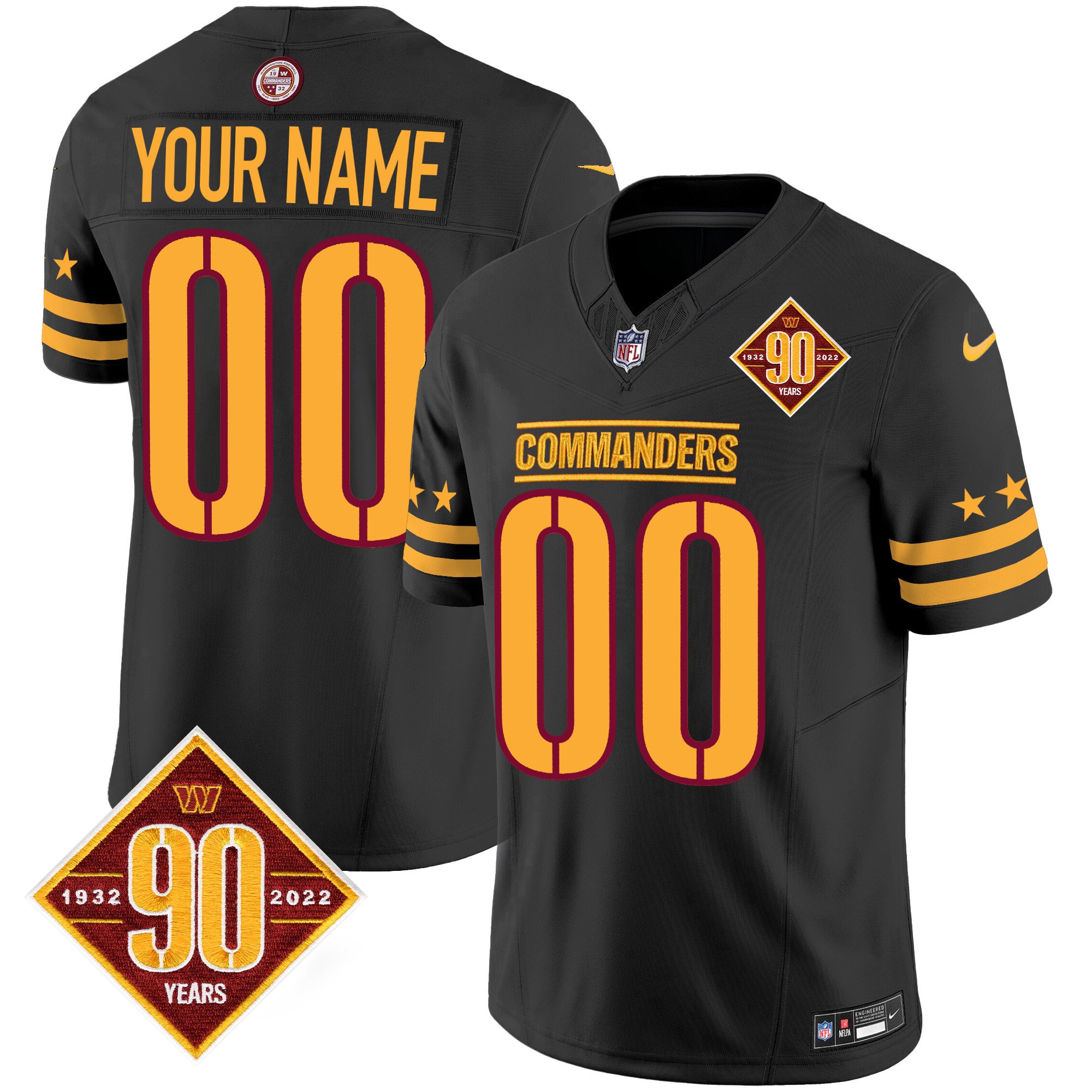 Men's Washington Commanders 90th Anniversary Patch Vapor Limited Custom Black Jersey - All Stitched