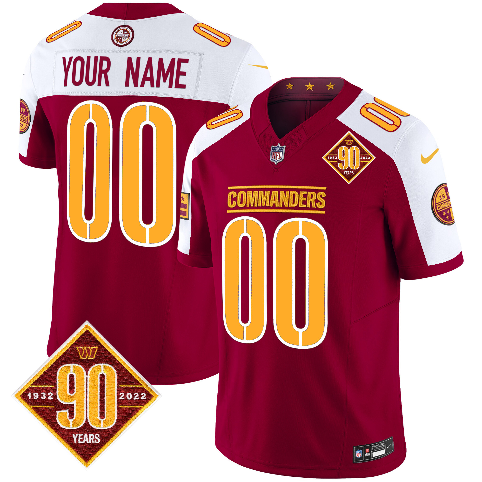 Men's Washington Commanders 90th Anniversary Patch Vapor Limited Custom Burgundy Alternate Jersey - All Stitched
