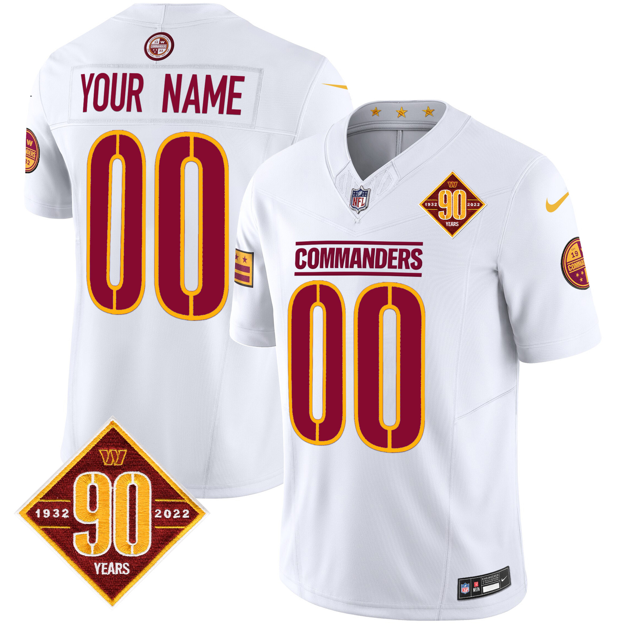 Men's Washington Commanders 90th Anniversary Patch Vapor Limited Custom White Jersey - All Stitched