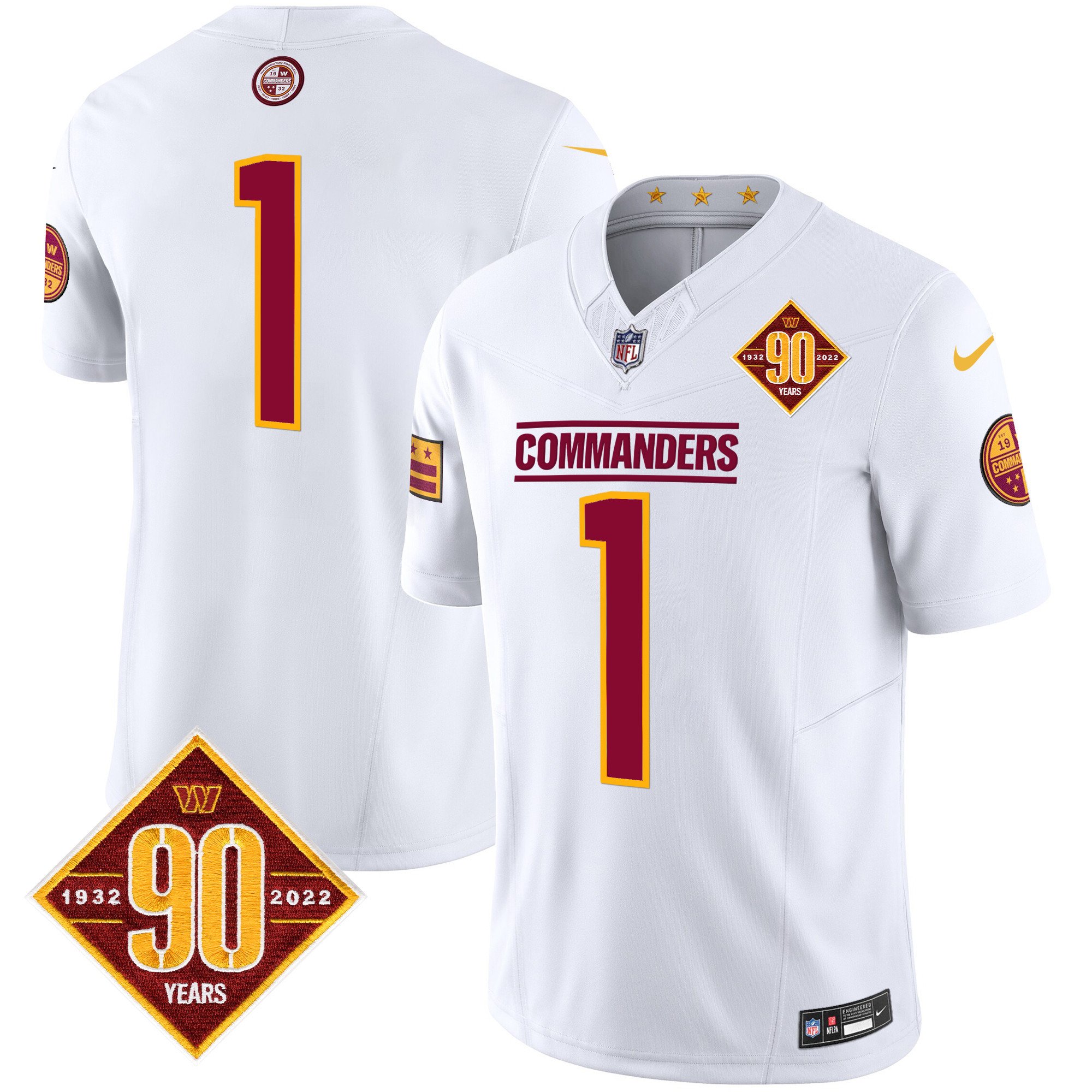 Men's Washington Commanders 90th Anniversary Patch Vapor Limited  White Jersey - All Stitched