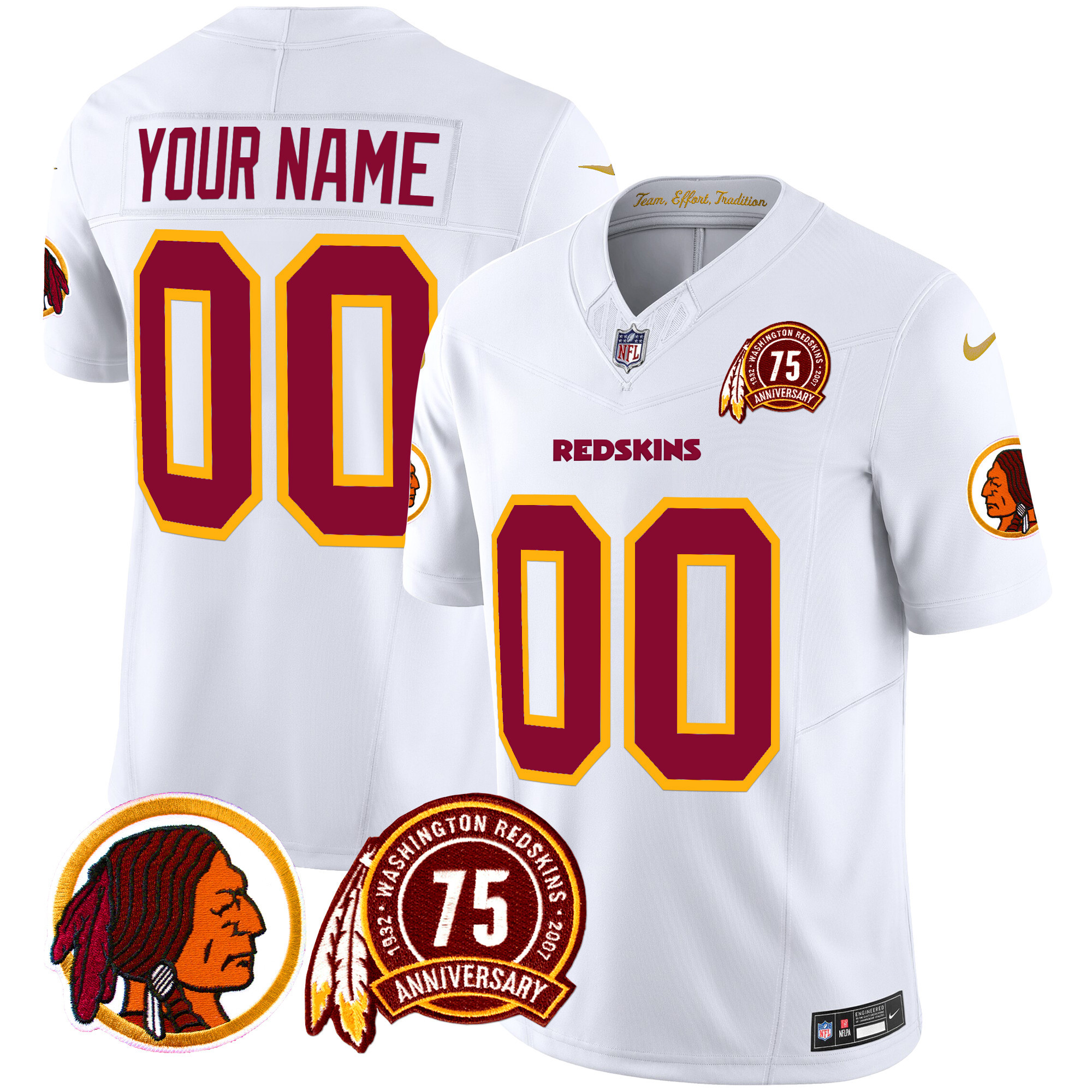 Men's Washington Redskins 75th Patch Throwback Vapor Limited Custom White Jersey - All Stitched