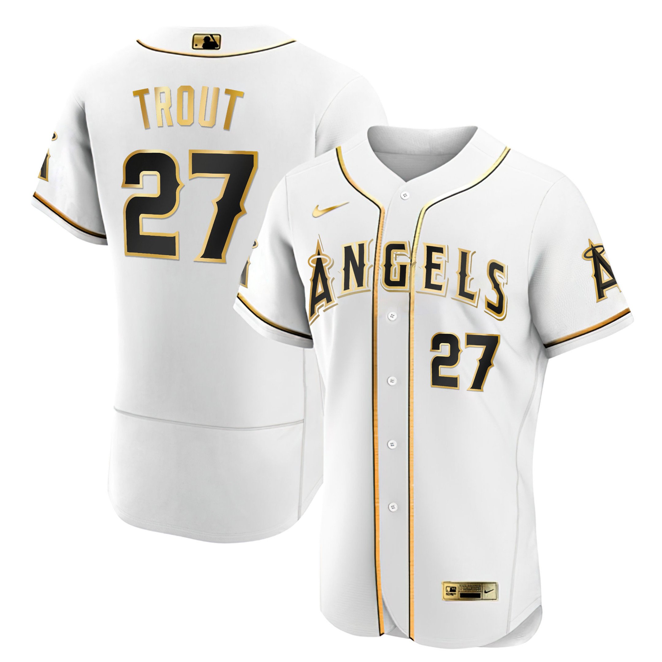 Men's White Gold Mike Trout Los Angeles Angels Black Gold & White Gold Flex Base Jersey - All Stitched