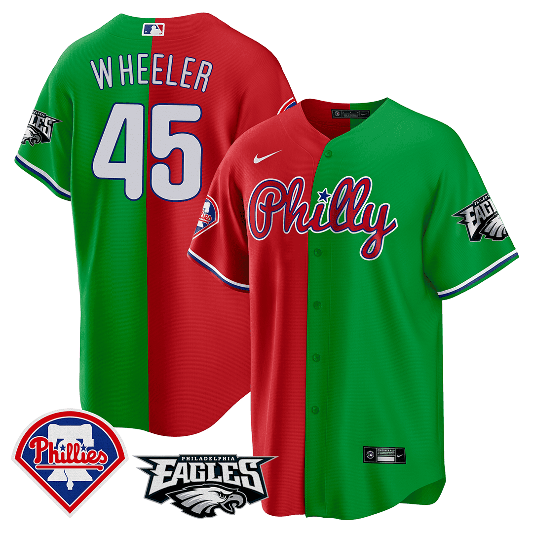 Men's Zack Wheeler Split Philadelphia Phillies - Eagles Cool Base Red - Green Jersey - All Stitched