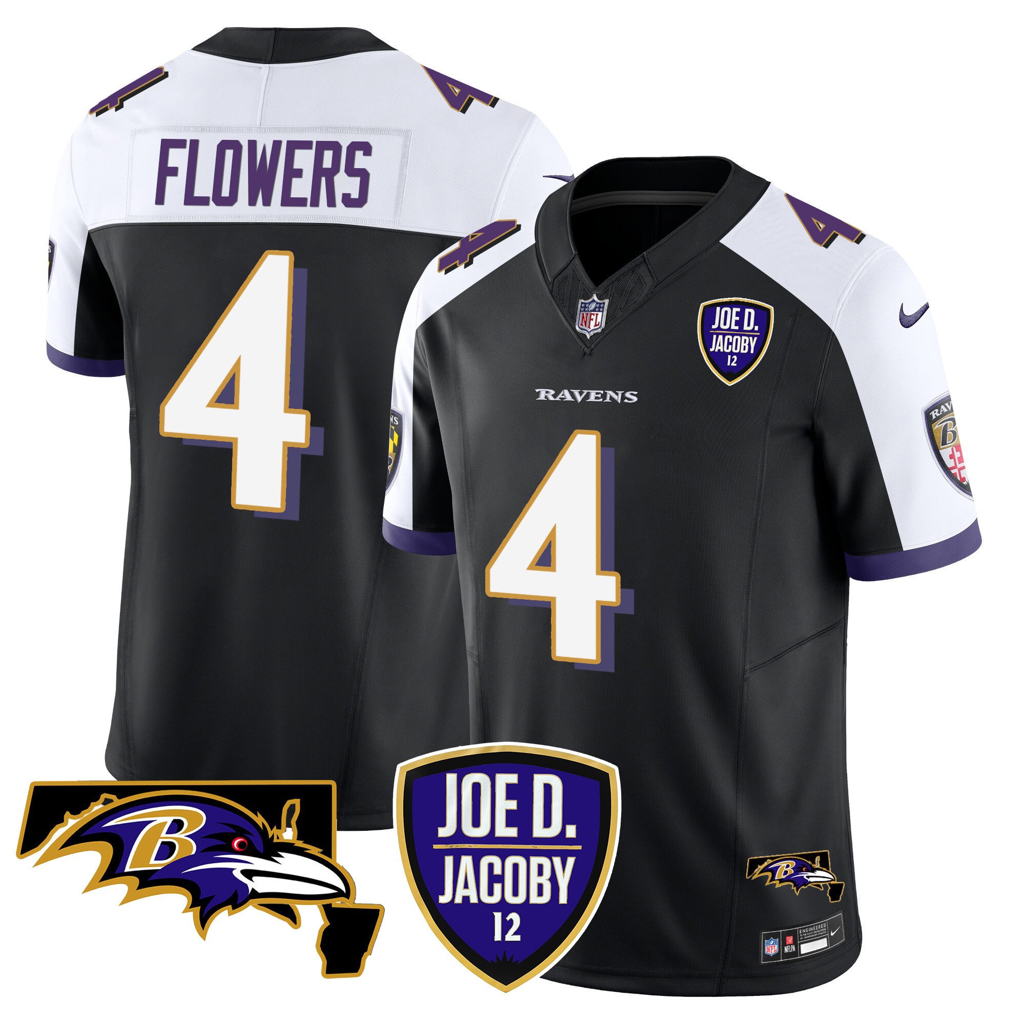 Men's Zay Flowers Baltimore Ravens Joe D & Jacoby Patch Vapor Limited Black Alternate Jersey - All Stitched