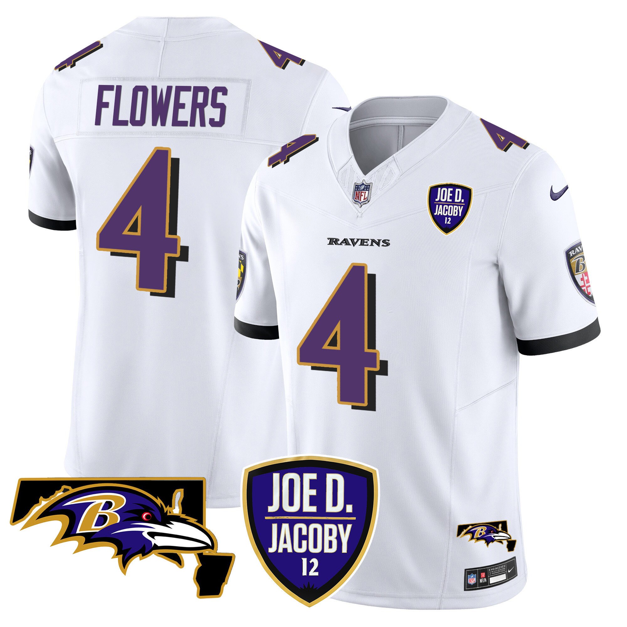 Men's Zay Flowers Baltimore Ravens Joe D & Jacoby Patch Vapor Limited White Jersey - All Stitched