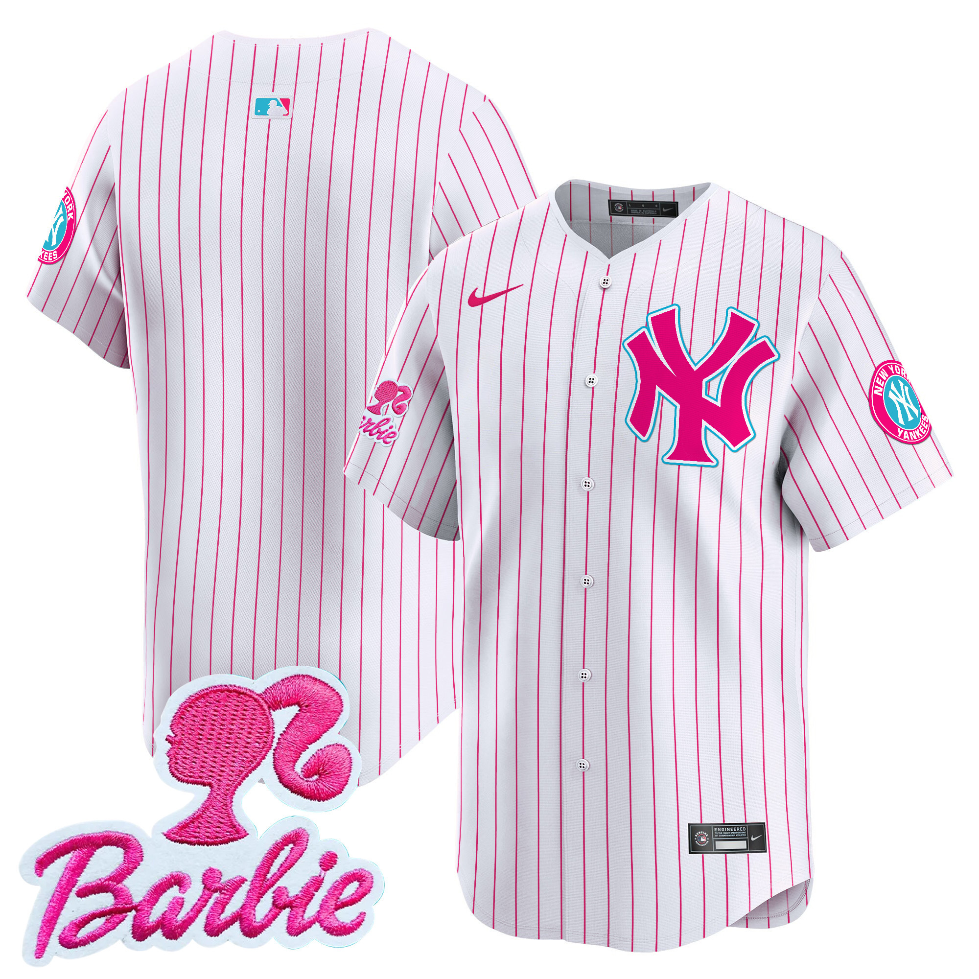 Unisex New York Yankees Barbie Patch Vapor Premier Limited Pink Stripe Jersey - All Stitched