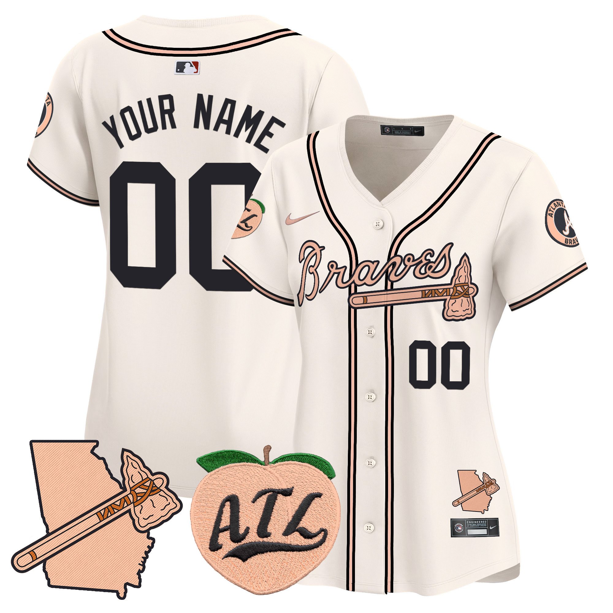 Women Atlanta Braves Peach Vapor Premier Limited Custom Cream Jersey - All Stitched