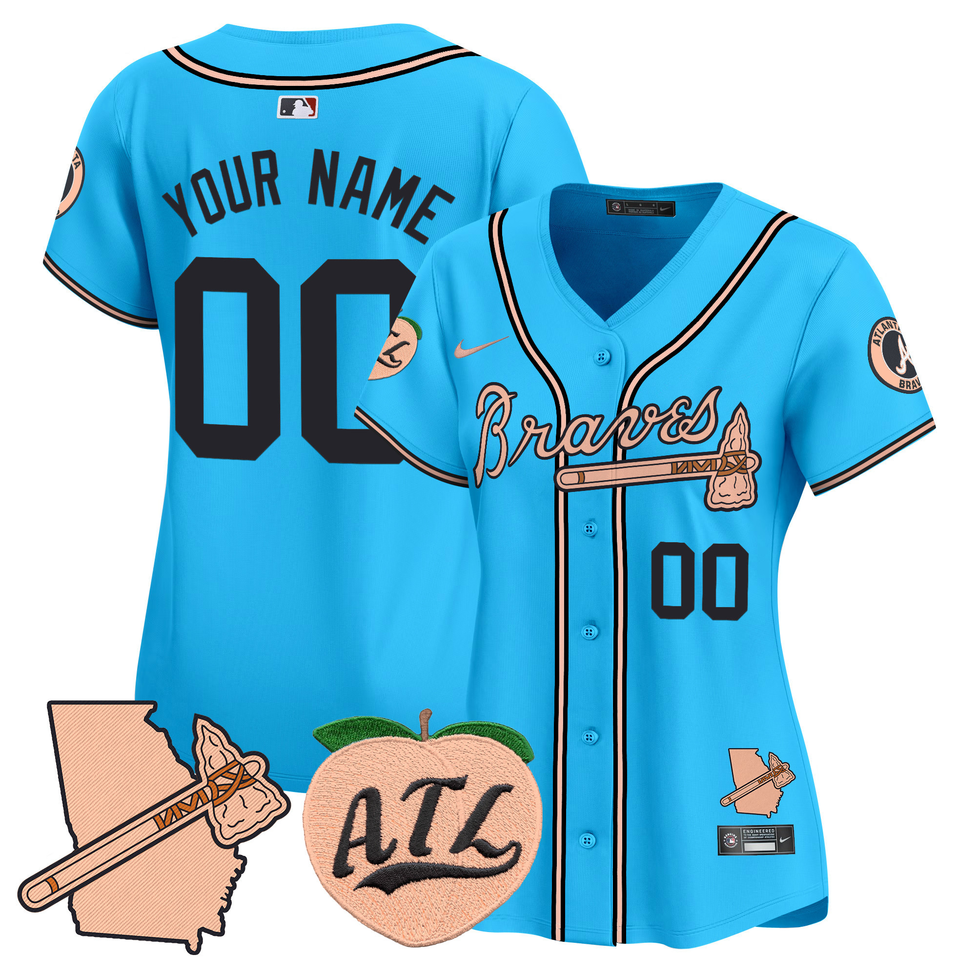 Women Atlanta Braves Peach Vapor Premier Limited Custom Light Blue Jersey - All Stitched