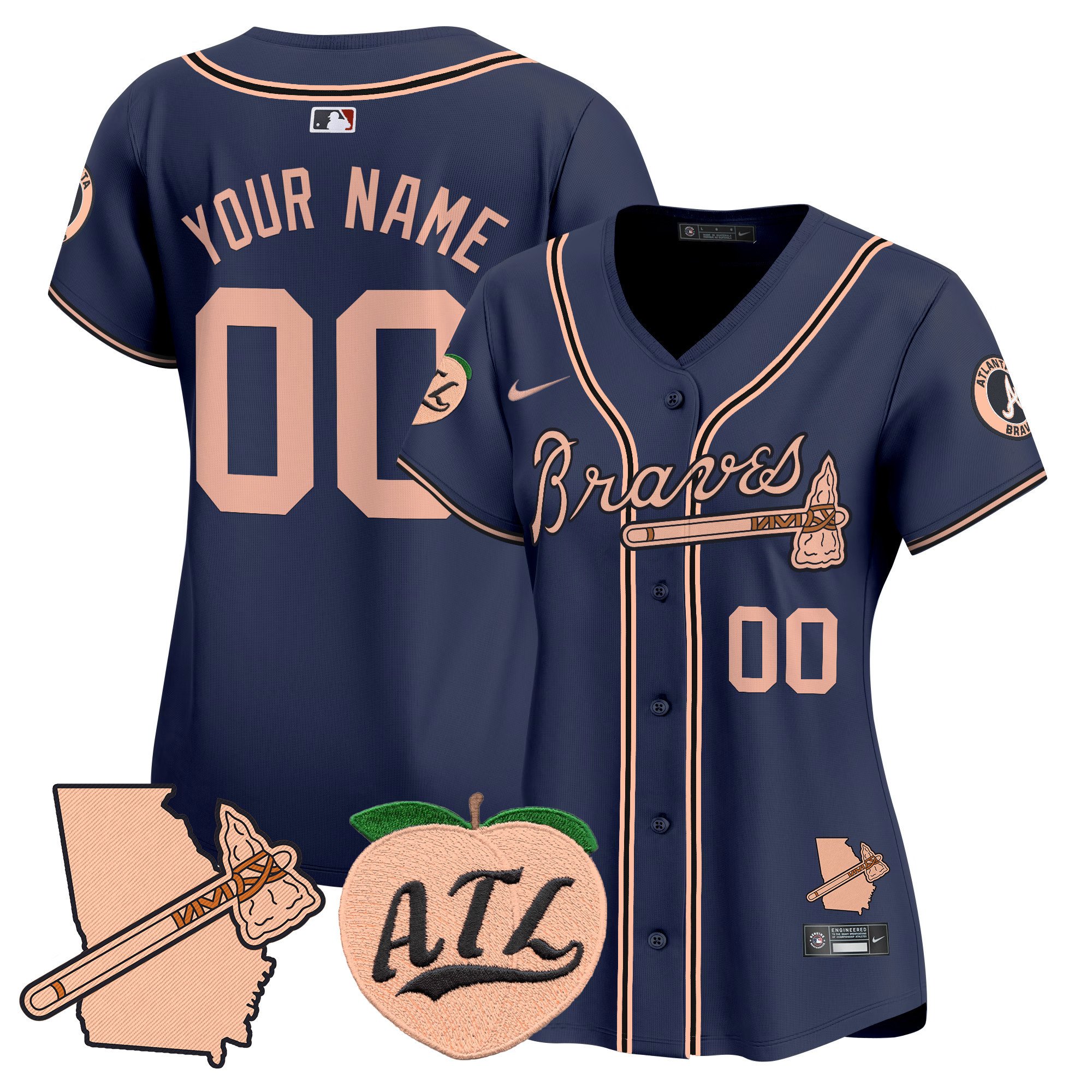 Women Atlanta Braves Peach Vapor Premier Limited Custom Navy Jersey - All Stitched