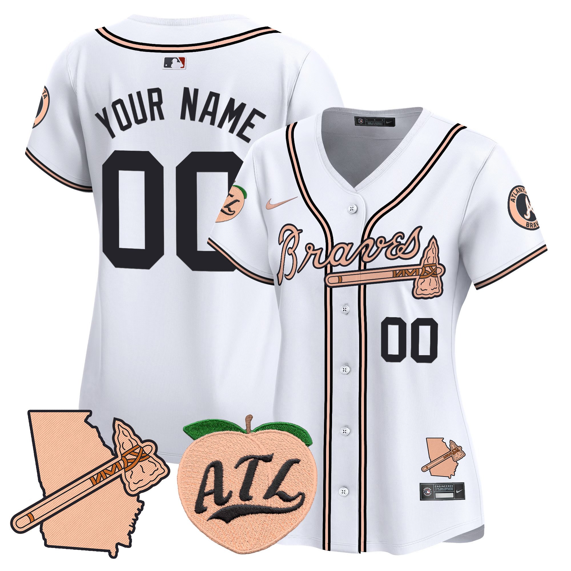 Women Atlanta Braves Peach Vapor Premier Limited Custom White Jersey - All Stitched