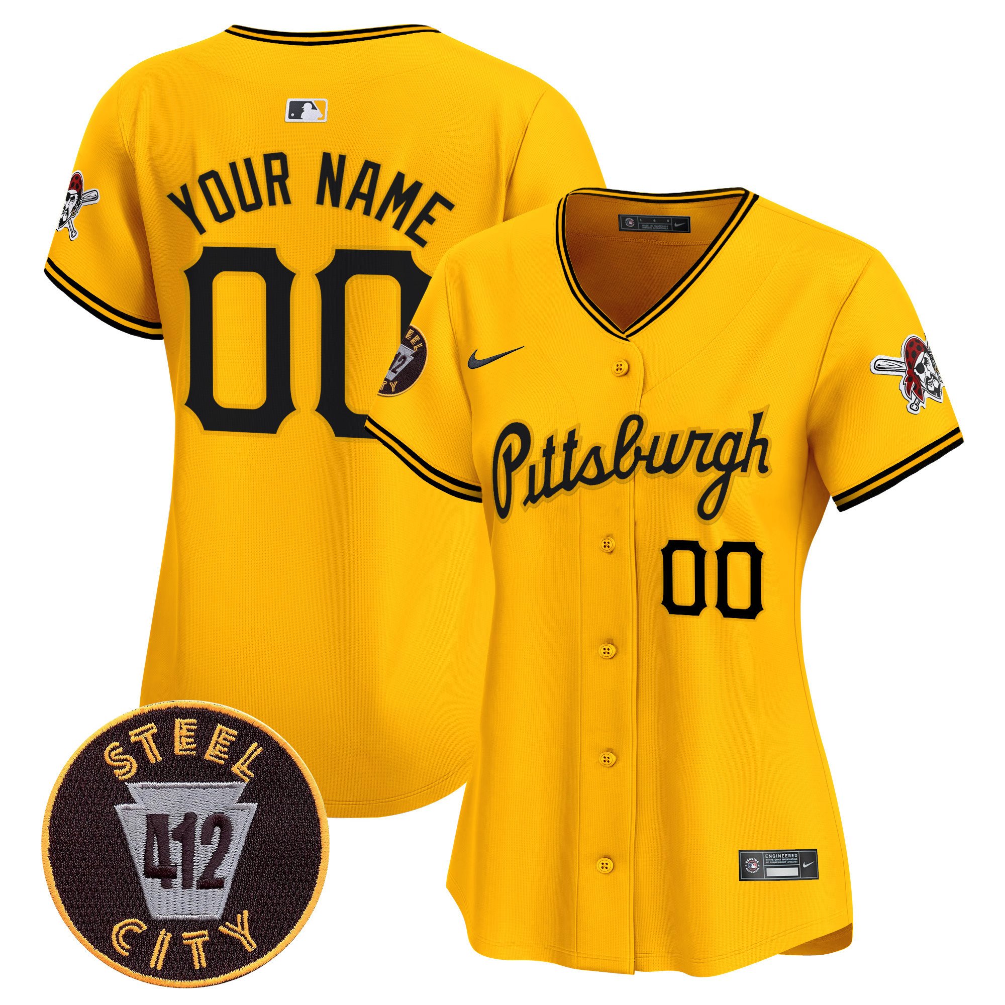 Women Pittsburgh Pirates 412 Patch Vapor Premier Limited Custom Gold Jersey V4 - All Stitched
