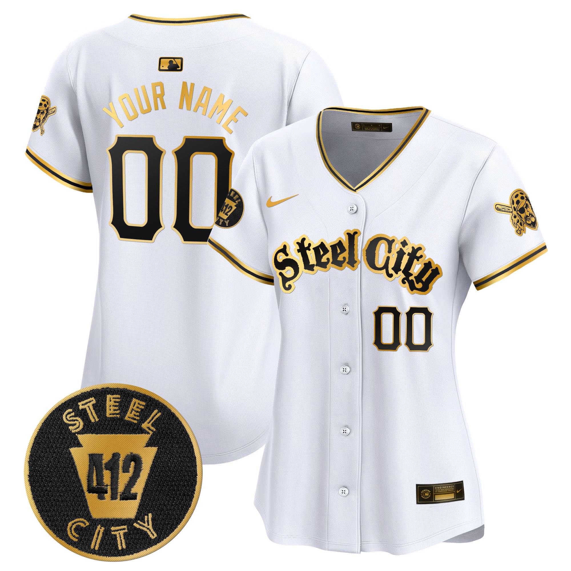 Women Pittsburgh Pirates 412 Patch Vapor Premier Limited Custom White Gold Jersey V5 - All Stitched