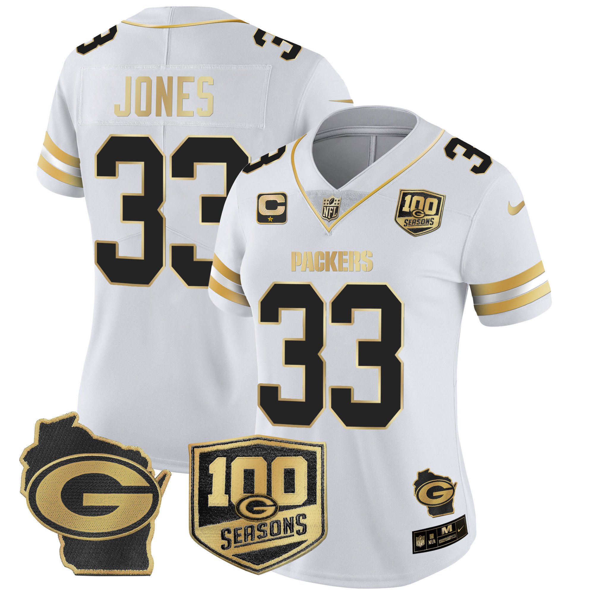 Women's Aaron Jones Green Bay Packers 100th Season & Home Patch Gold Vapor Limited White Gold Jersey – All Stitched