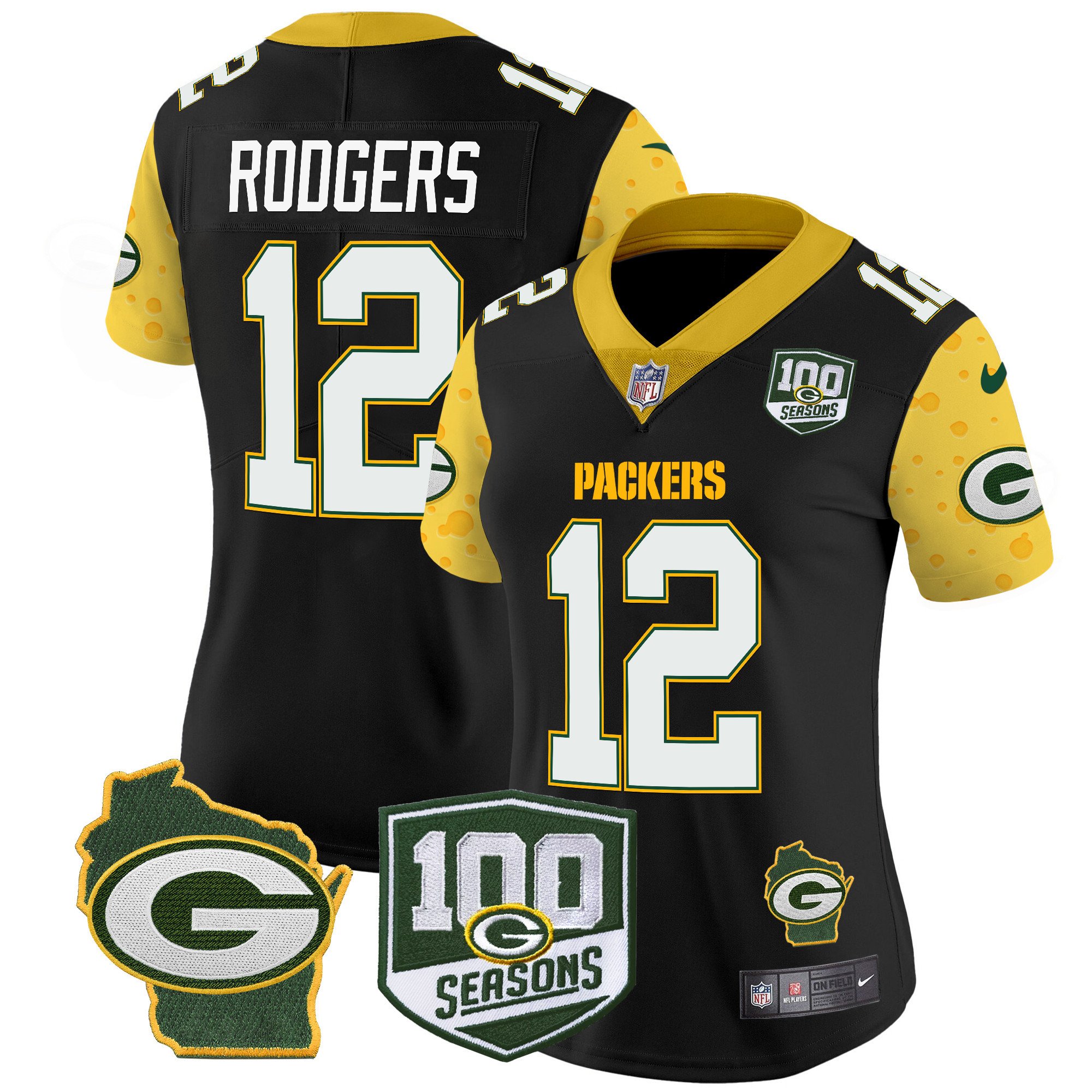 Women's Aaron Rodgers Green Bay Packers 100th Season & Home Patch Cheese Vapor Limited Black Jersey â€“ All Stitched