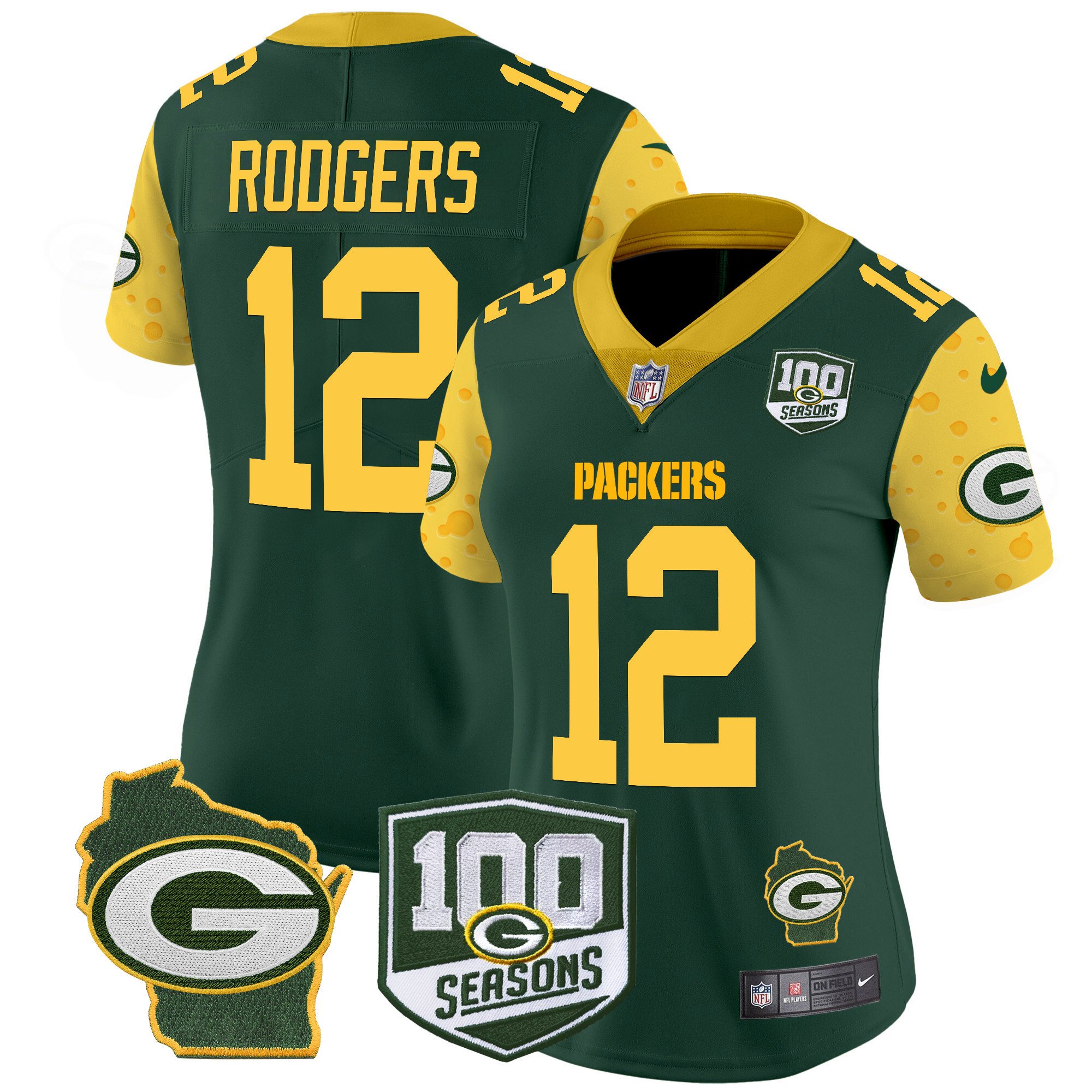 Women's Aaron Rodgers Green Bay Packers 100th Season & Home Patch Cheese Vapor Limited Green Jersey – All Stitched