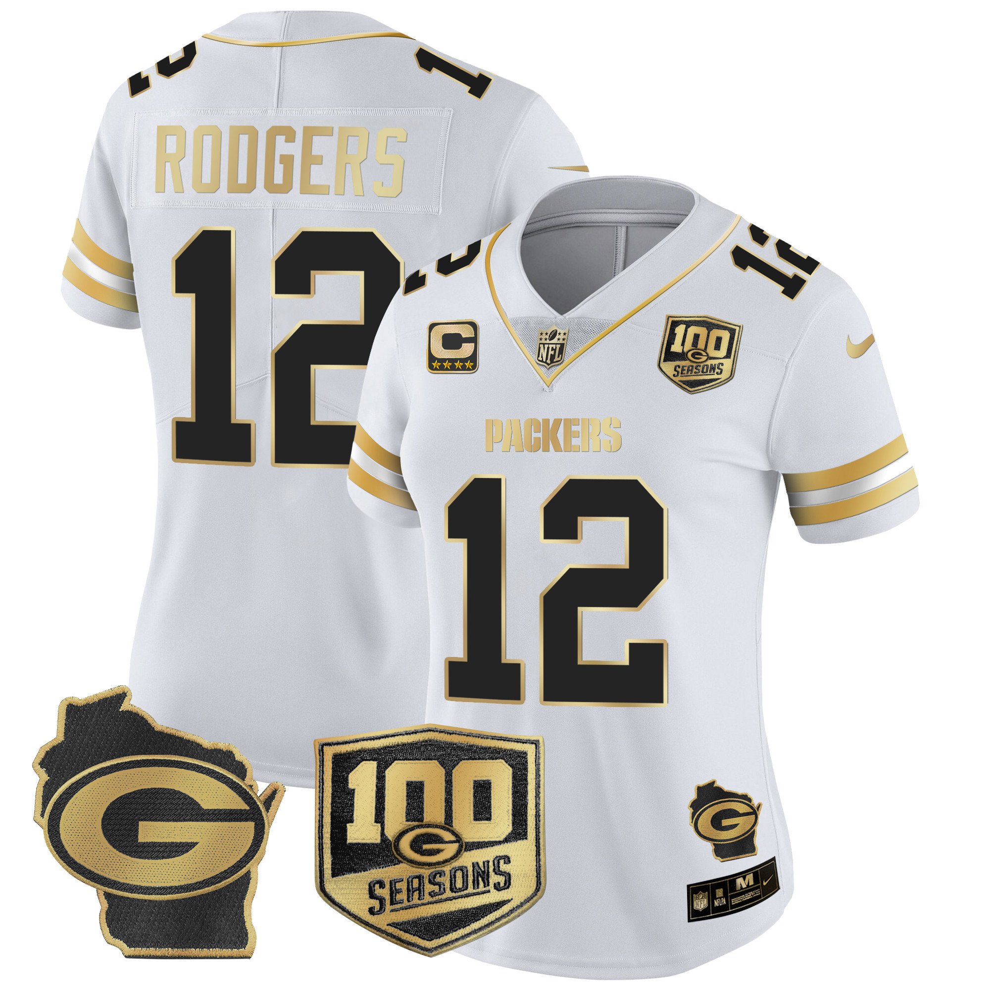 Women's Aaron Rodgers Green Bay Packers 100th Season & Home Patch Gold Vapor Limited White Gold Jersey – All Stitched