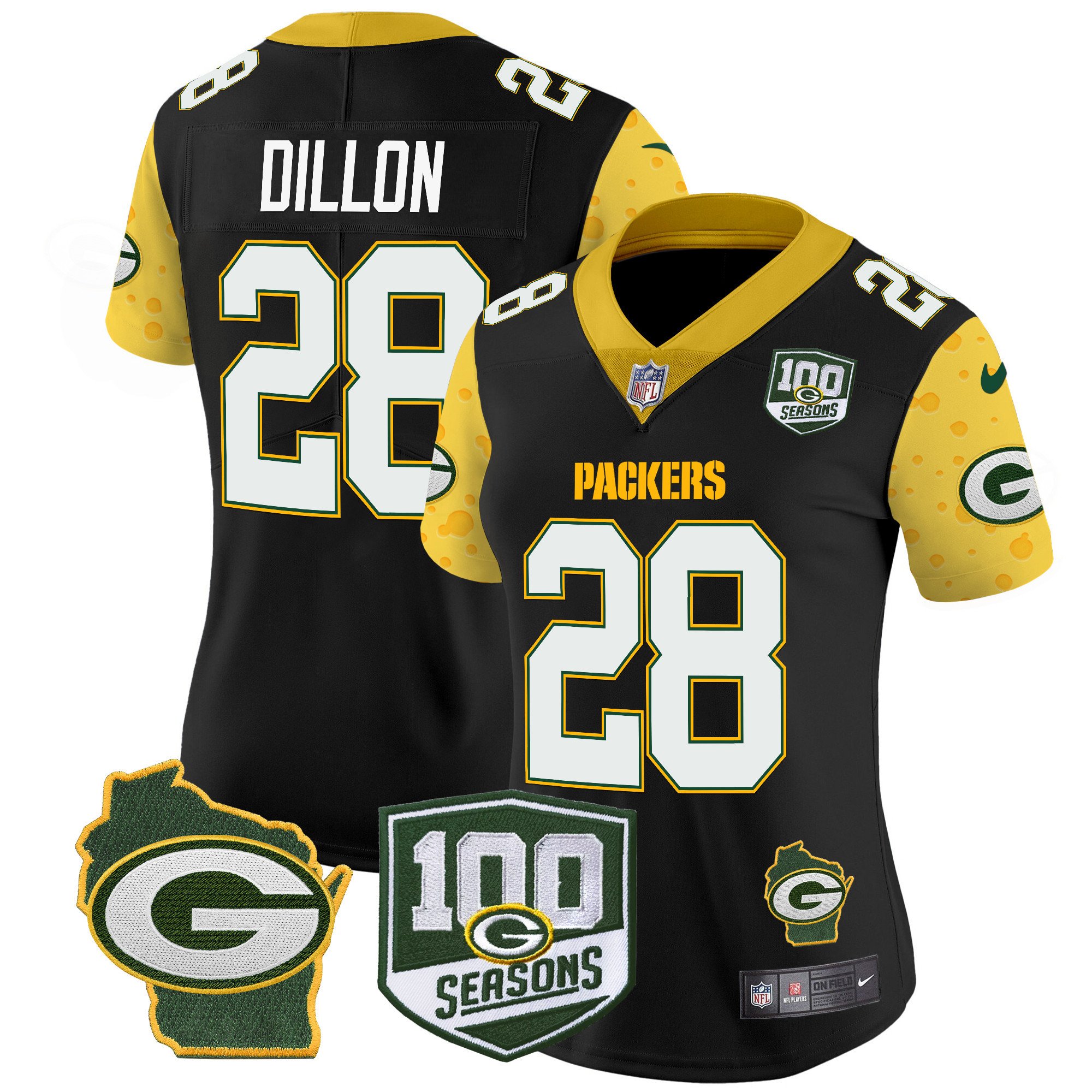 Women's AJ Dillon Green Bay Packers 100th Season & Home Patch Cheese Vapor Limited Black Jersey â€“ All Stitched