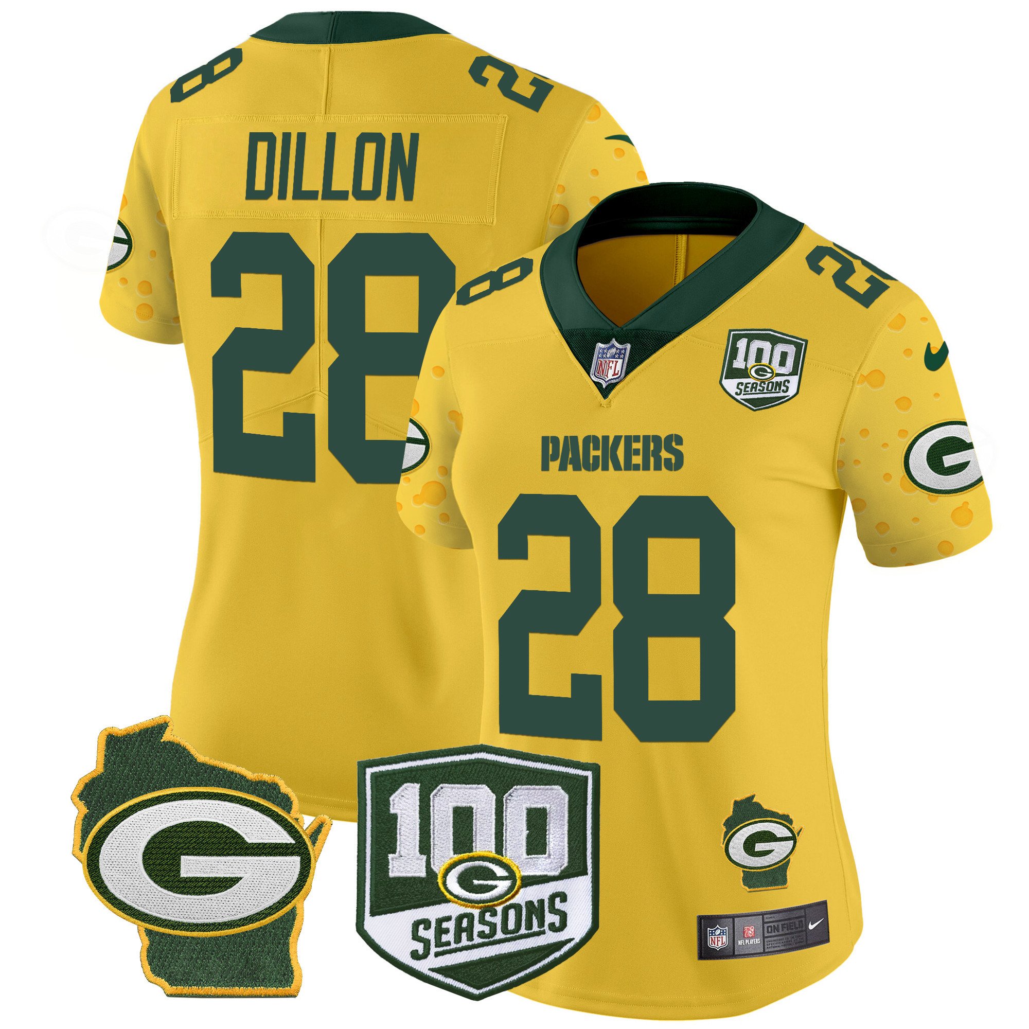 Women's AJ Dillon Green Bay Packers 100th Season & Home Patch Cheese Vapor Limited Gold Jersey â€“ All Stitched