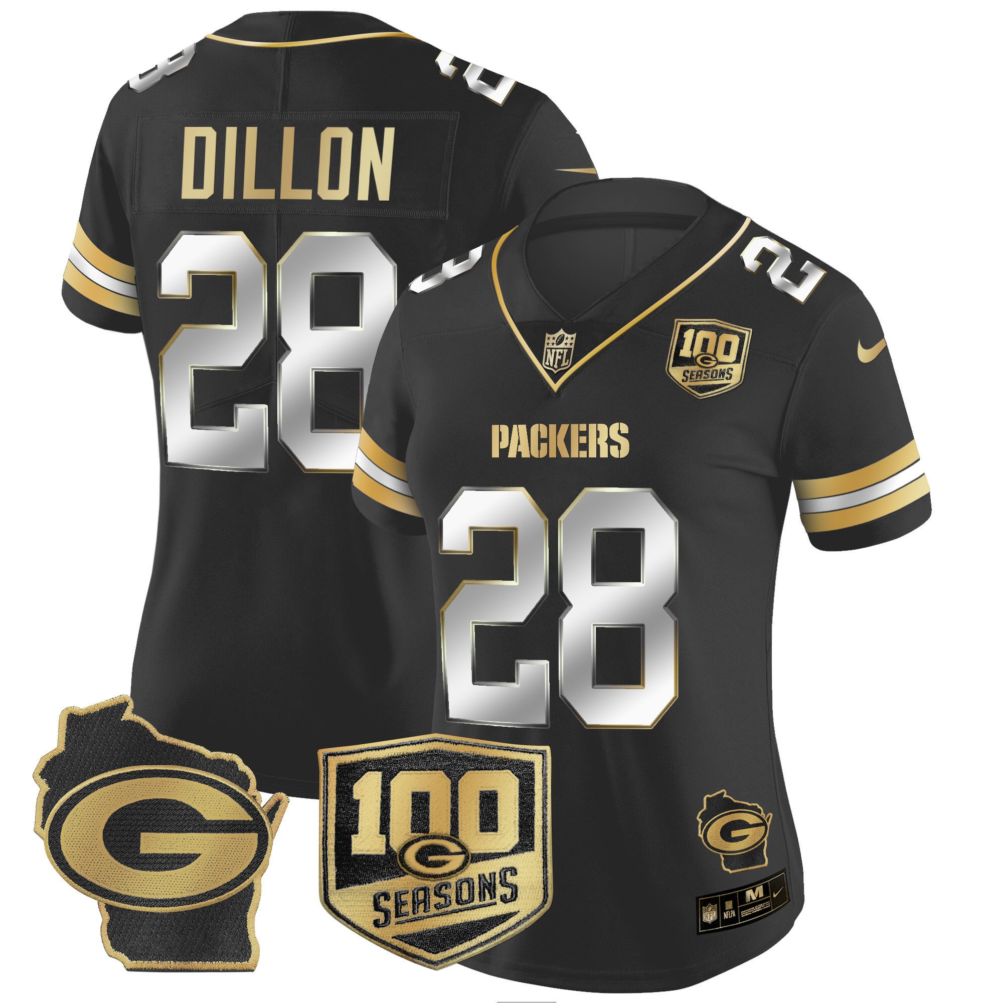 Women's AJ Dillon Green Bay Packers 100th Season & Home Patch Gold Vapor Limited Black Limited Jersey â€“ All Stitched