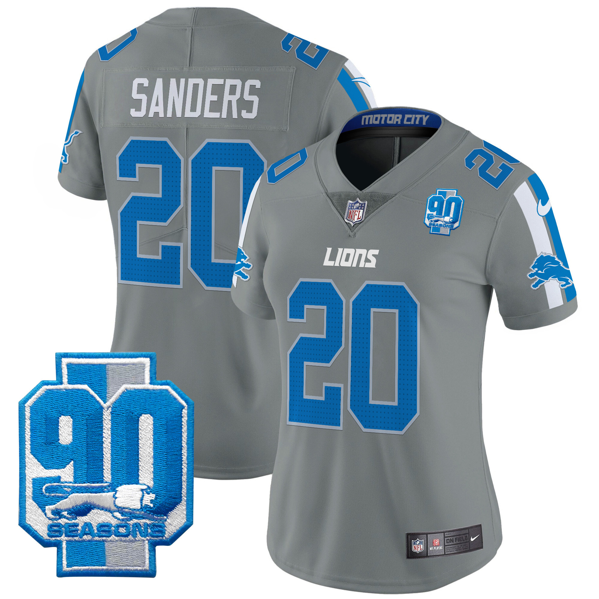 Women's Barry Sanders Detroit Lions 90th Year Patch Vapor Limited Gray Jersey - All Stitched
