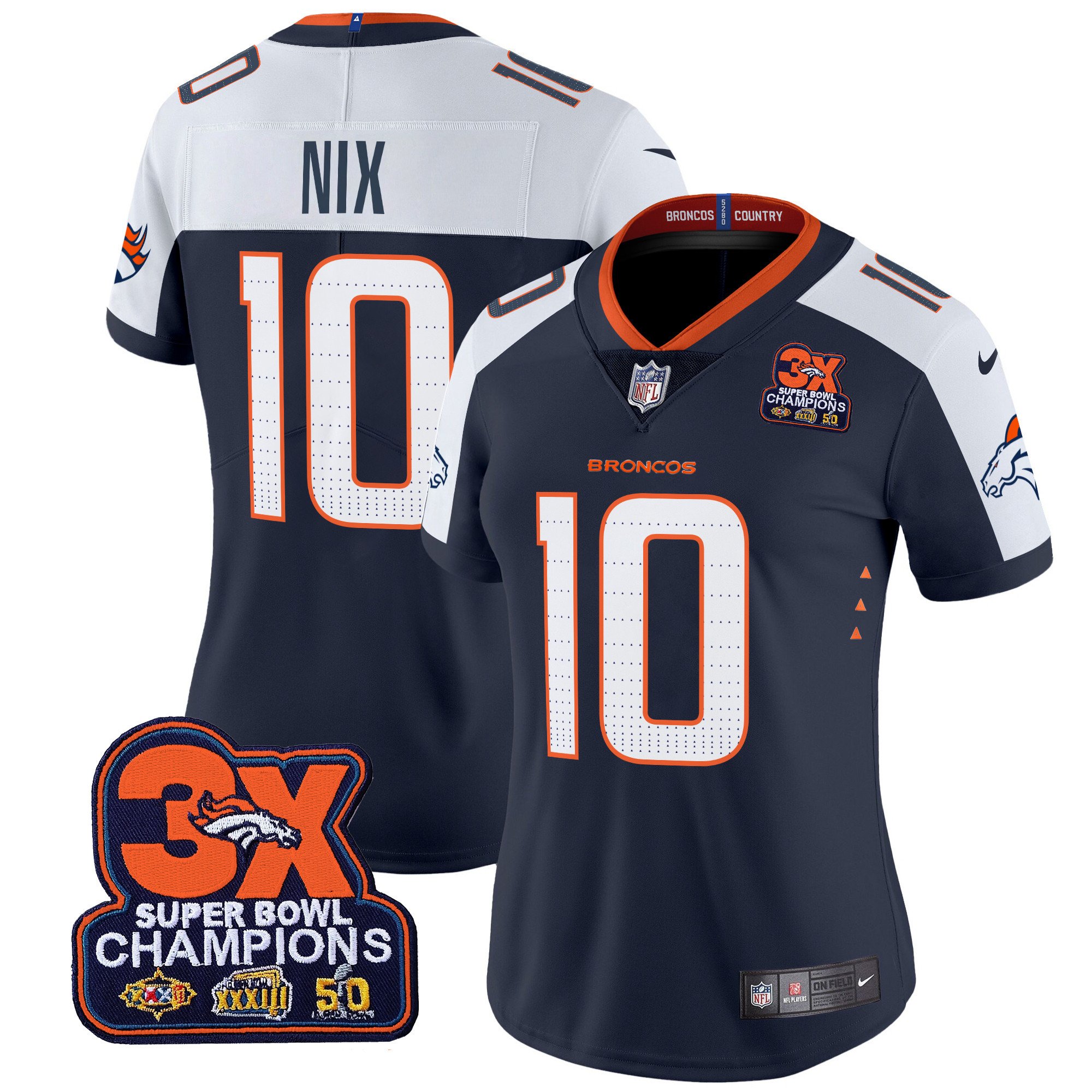 Women's Bo Nix Denver Broncos 3-Time Champions Patch Vapor Limited Navy Alternate Jersey - All Stitched