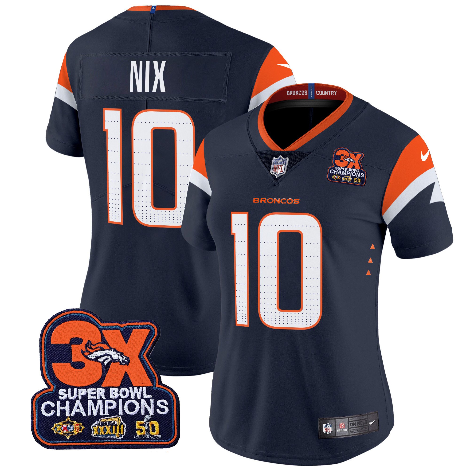 Women's Bo Nix Denver Broncos 3-Time Champions Patch Vapor Limited Navy Jersey - All Stitched
