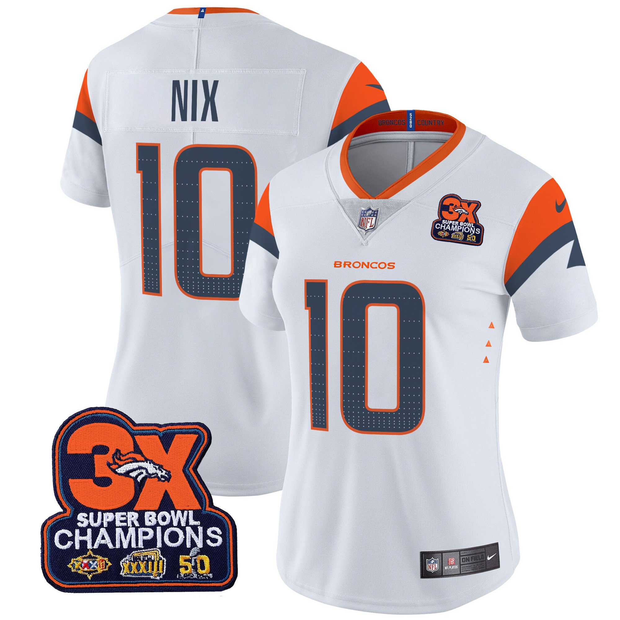 Women's Bo Nix Denver Broncos 3-Time Champions Patch Vapor Limited White Jersey - All Stitched