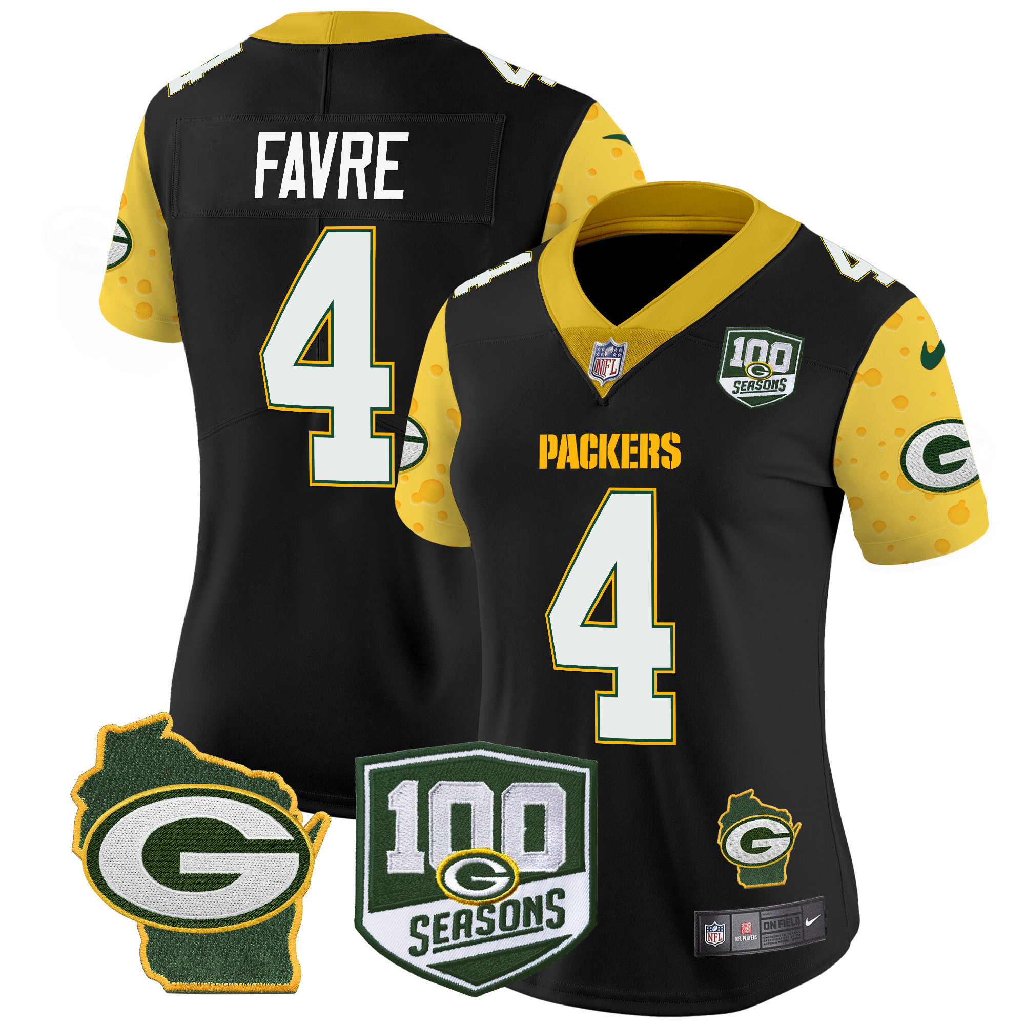 Women's Brett Favre Green Bay Packers 100th Season & Home Patch Cheese Vapor Limited Black Jersey â€“ All Stitched