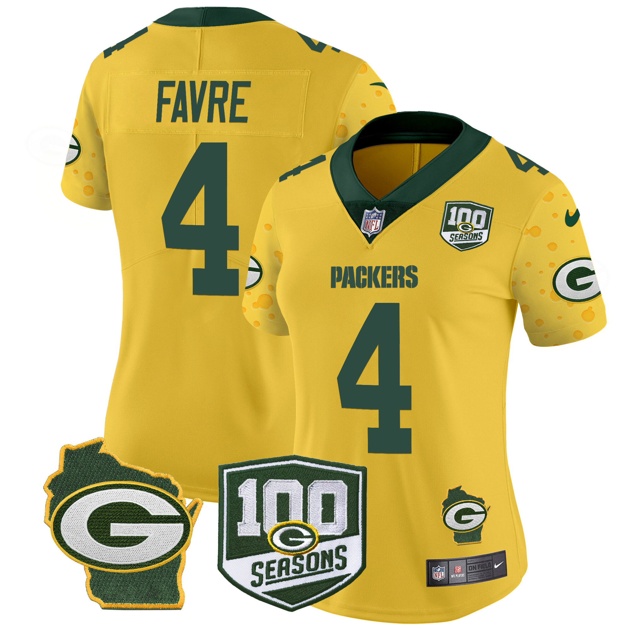 Women's Brett Favre Green Bay Packers 100th Season & Home Patch Cheese Vapor Limited Gold Jersey â€“ All Stitched