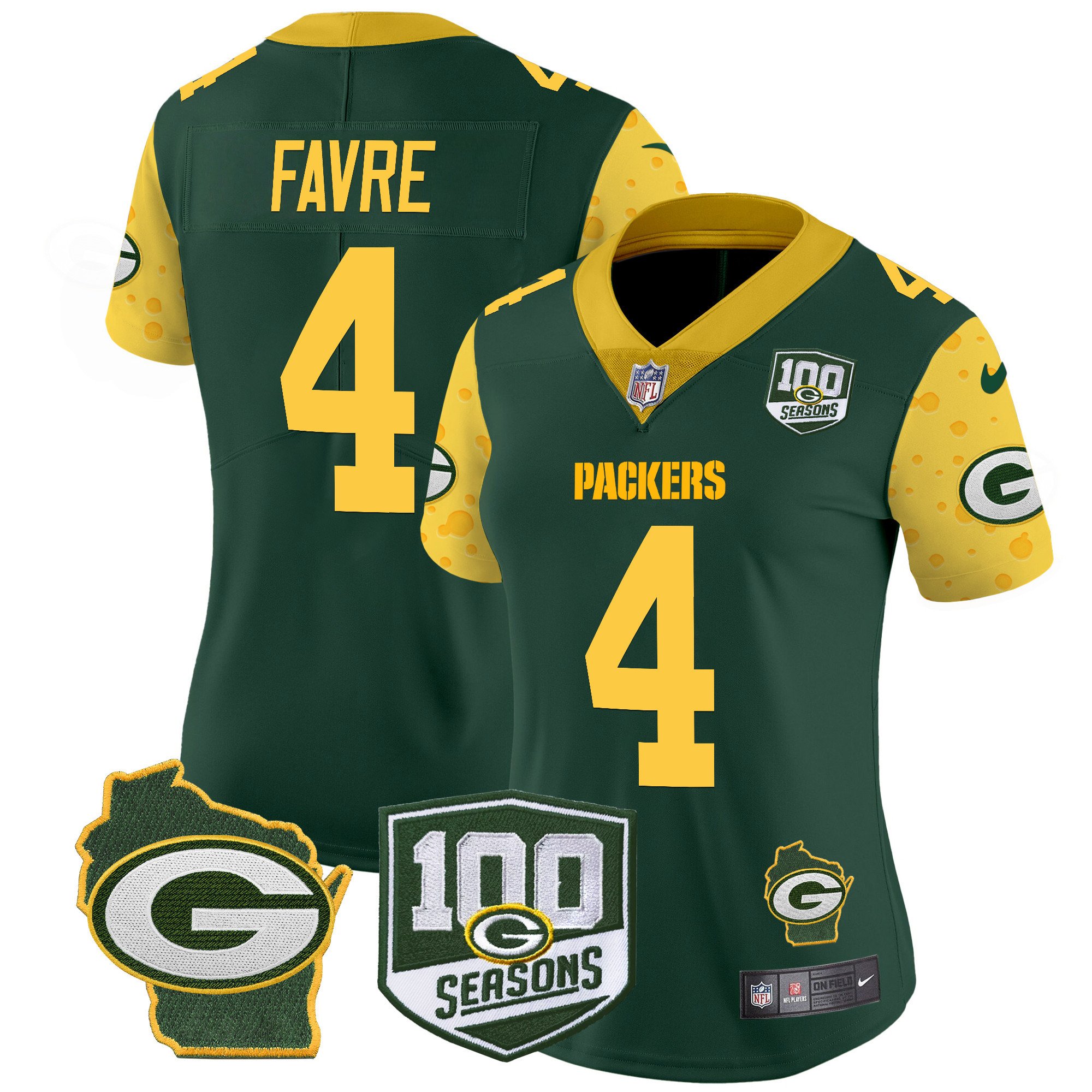 Women's Brett Favre Green Bay Packers 100th Season & Home Patch Cheese Vapor Limited Green Jersey â€“ All Stitched