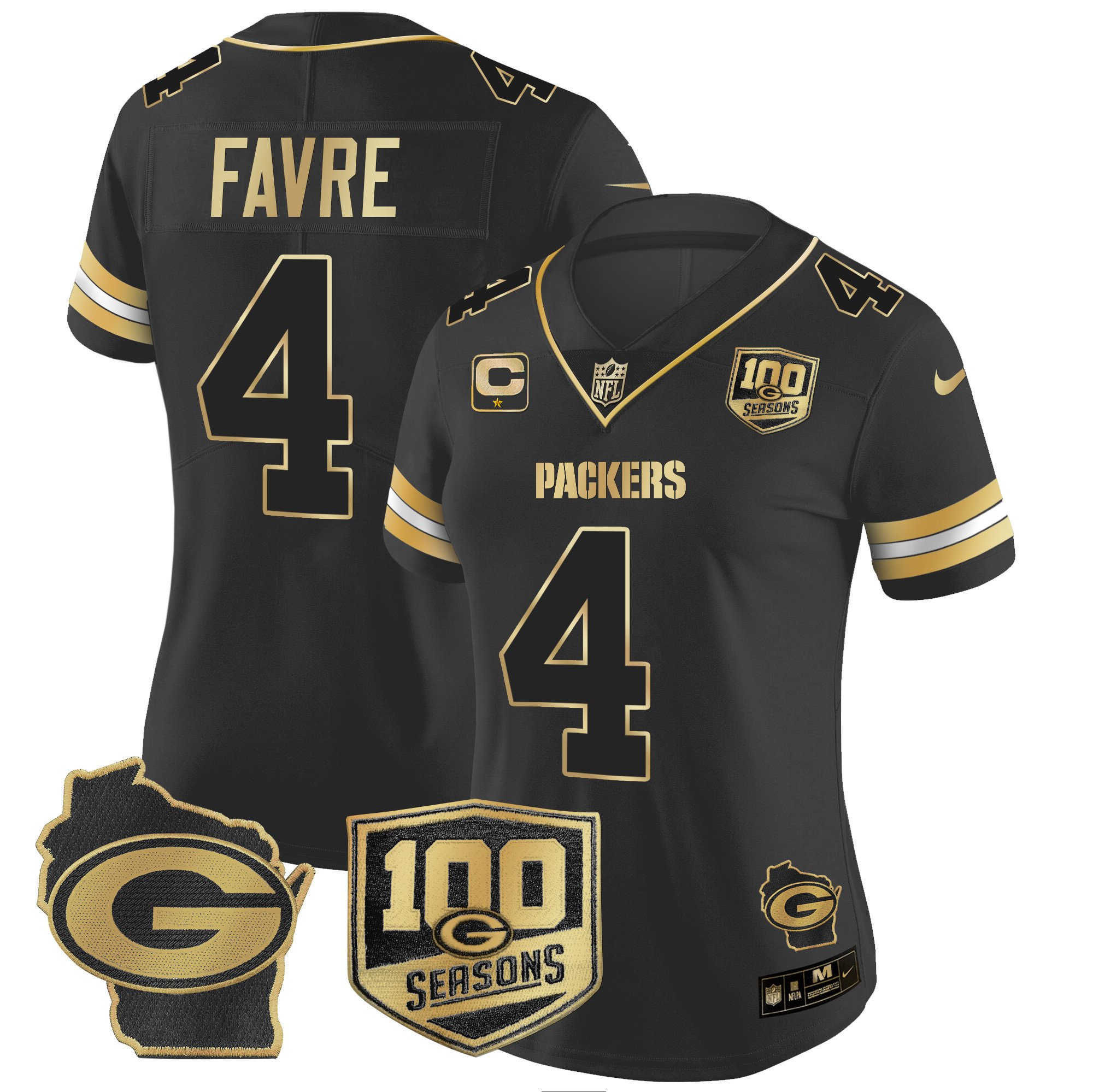 Women's Brett Favre Green Bay Packers 100th Season & Home Patch Gold Vapor Limited Black Gold Jersey – All Stitched