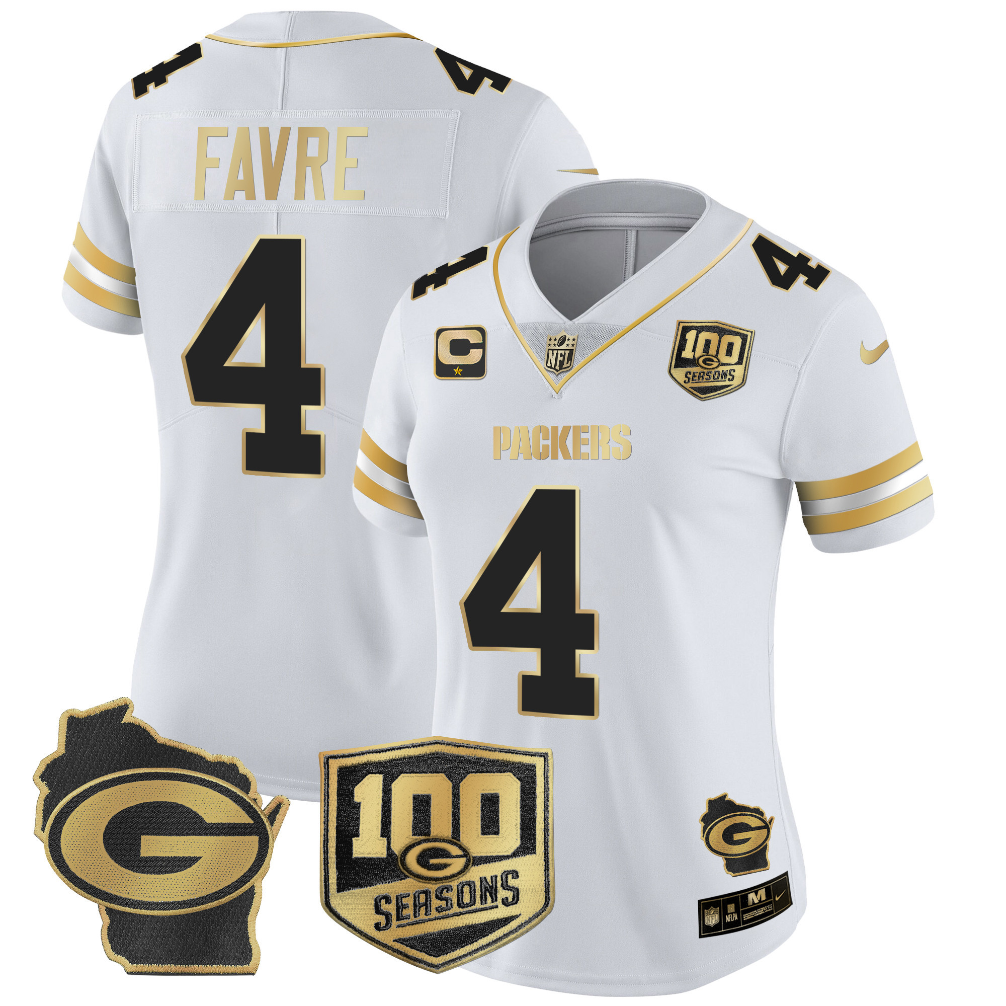Women's Brett Favre Green Bay Packers 100th Season & Home Patch Gold Vapor Limited White Gold Jersey – All Stitched