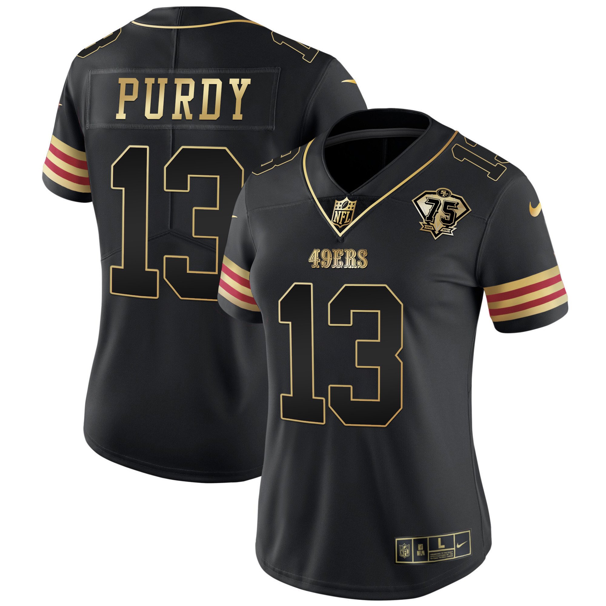 Women's Brock Purdy San Francisco 49ers 75th Anniversary Patch Vapor Gold Black Gold Jersey V2 - All Stitched