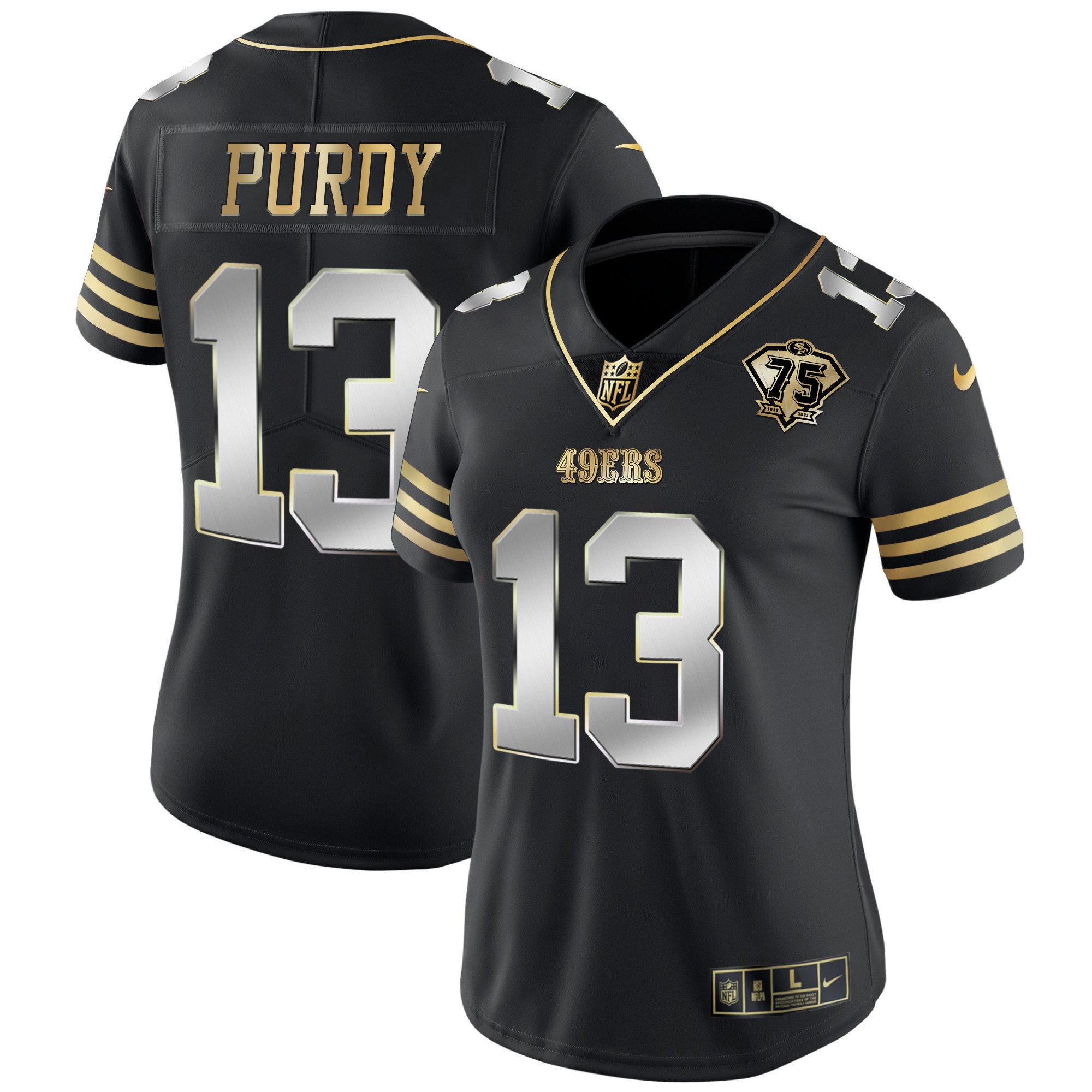 Women's Brock Purdy San Francisco 49ers 75th Anniversary Patch Vapor Gold Black Limited Jersey - All Stitched