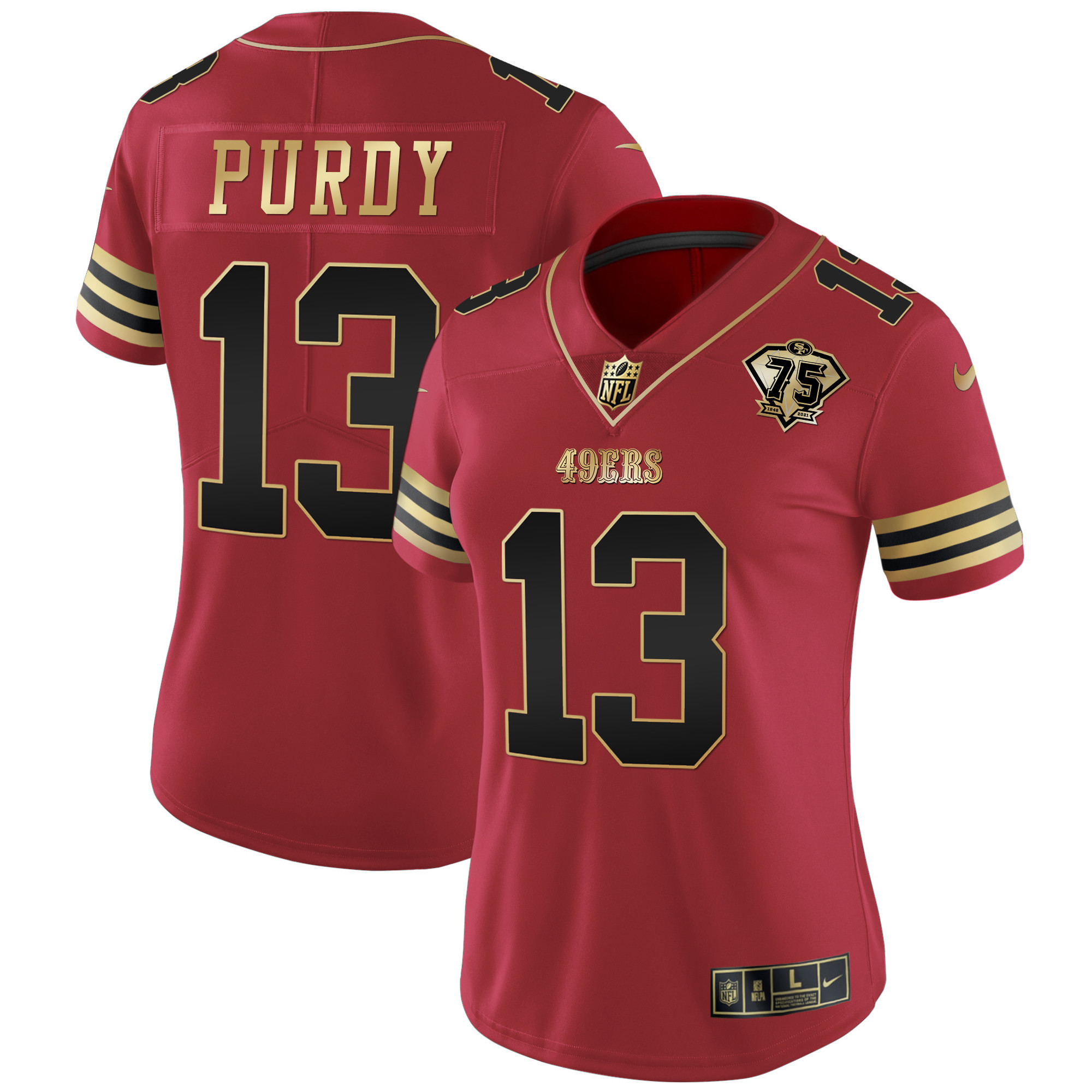 Women's Brock Purdy San Francisco 49ers 75th Anniversary Patch Vapor Gold Black Red Jersey V2 - All Stitched