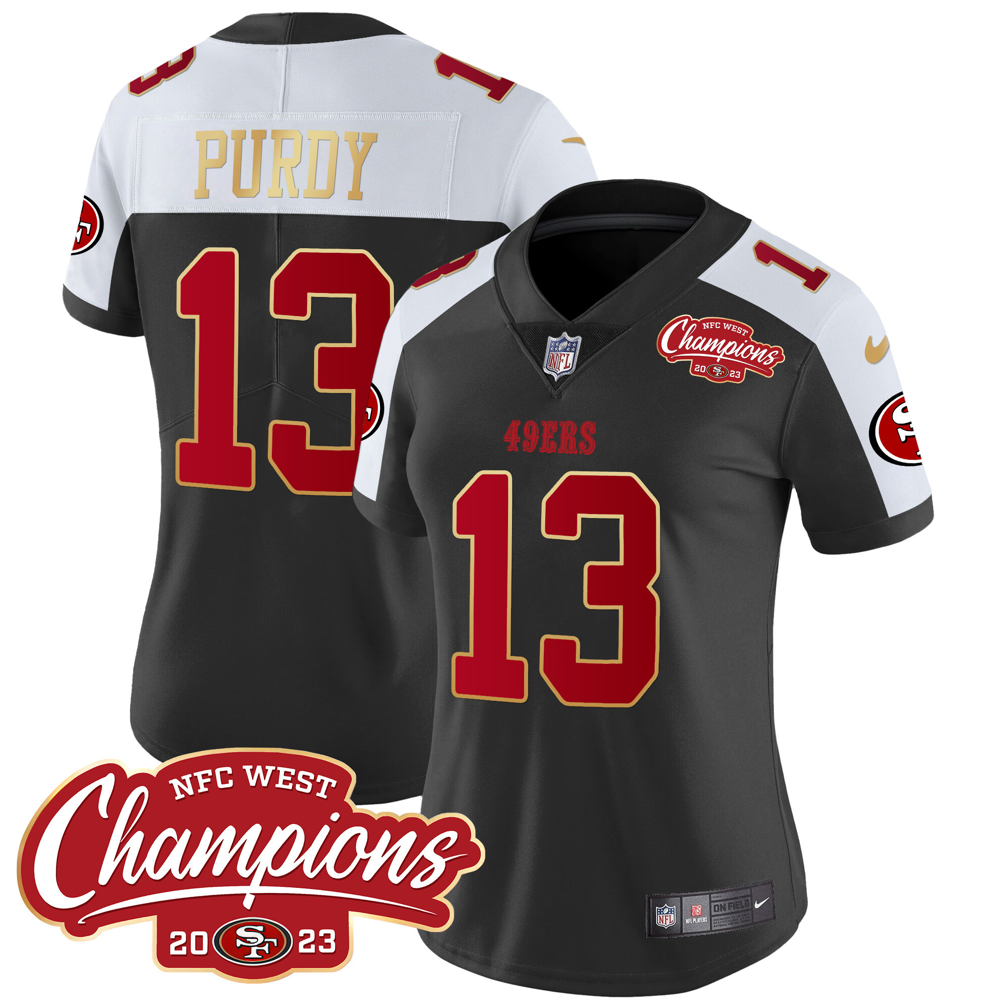 Women's Brock Purdy San Francisco 49ers NFC West Champions Gold Trim Vapor Black Alternate Jersey - All Stitched
