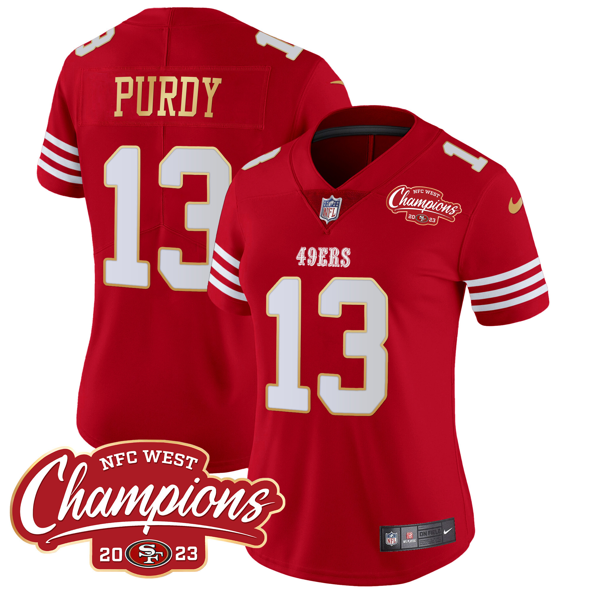 Women's Brock Purdy San Francisco 49ers NFC West Champions Gold Trim Vapor Red Jersey - All Stitched