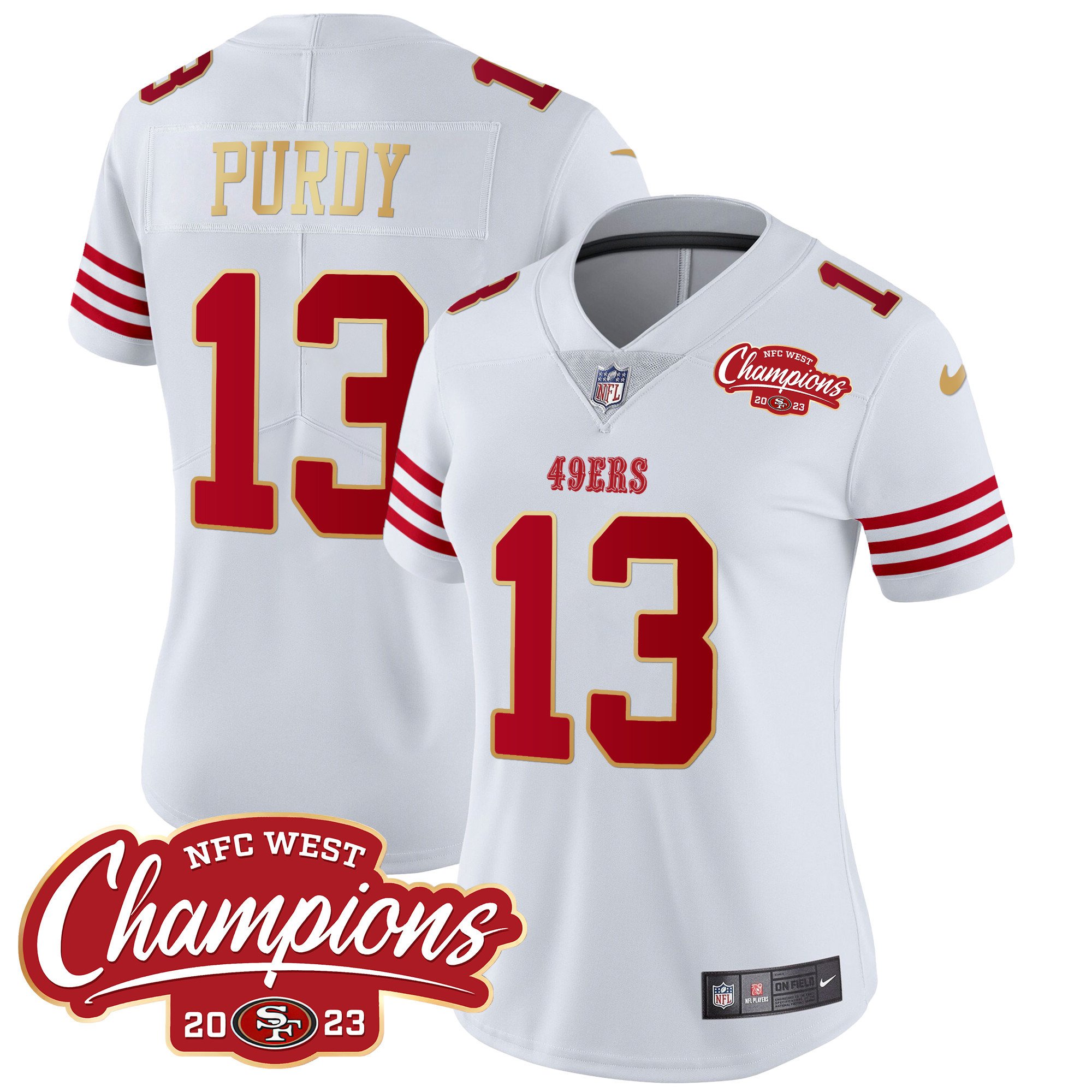 Women's Brock Purdy San Francisco 49ers NFC West Champions Gold Trim Vapor White Jersey - All Stitched