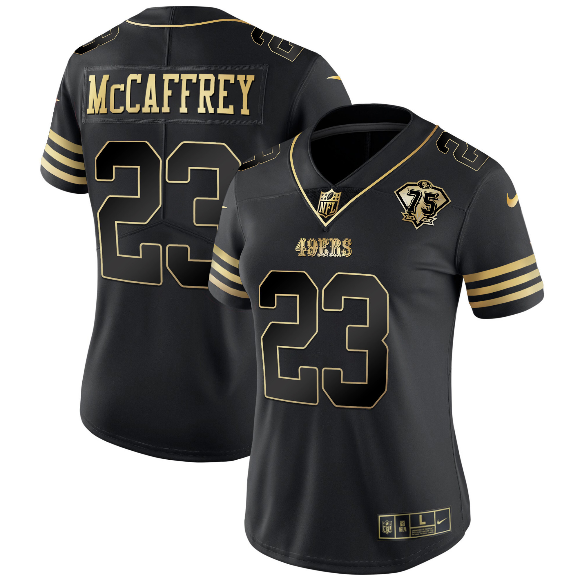 Women's Christian McCaffrey San Francisco 49ers 75th Anniversary Patch Vapor Gold Black Gold Jersey - All Stitched