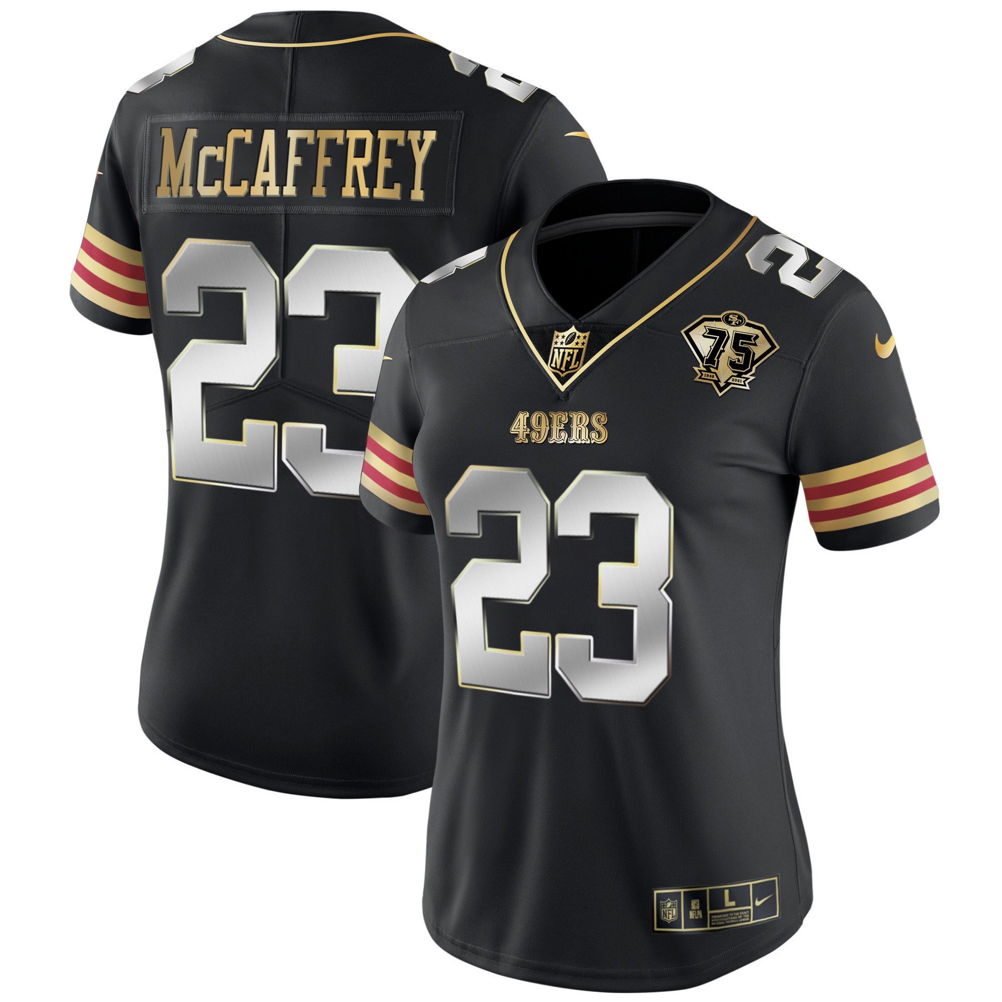 Women's Christian McCaffrey San Francisco 49ers 75th Anniversary Patch Vapor Gold Black Limited Jersey V2 - All Stitched