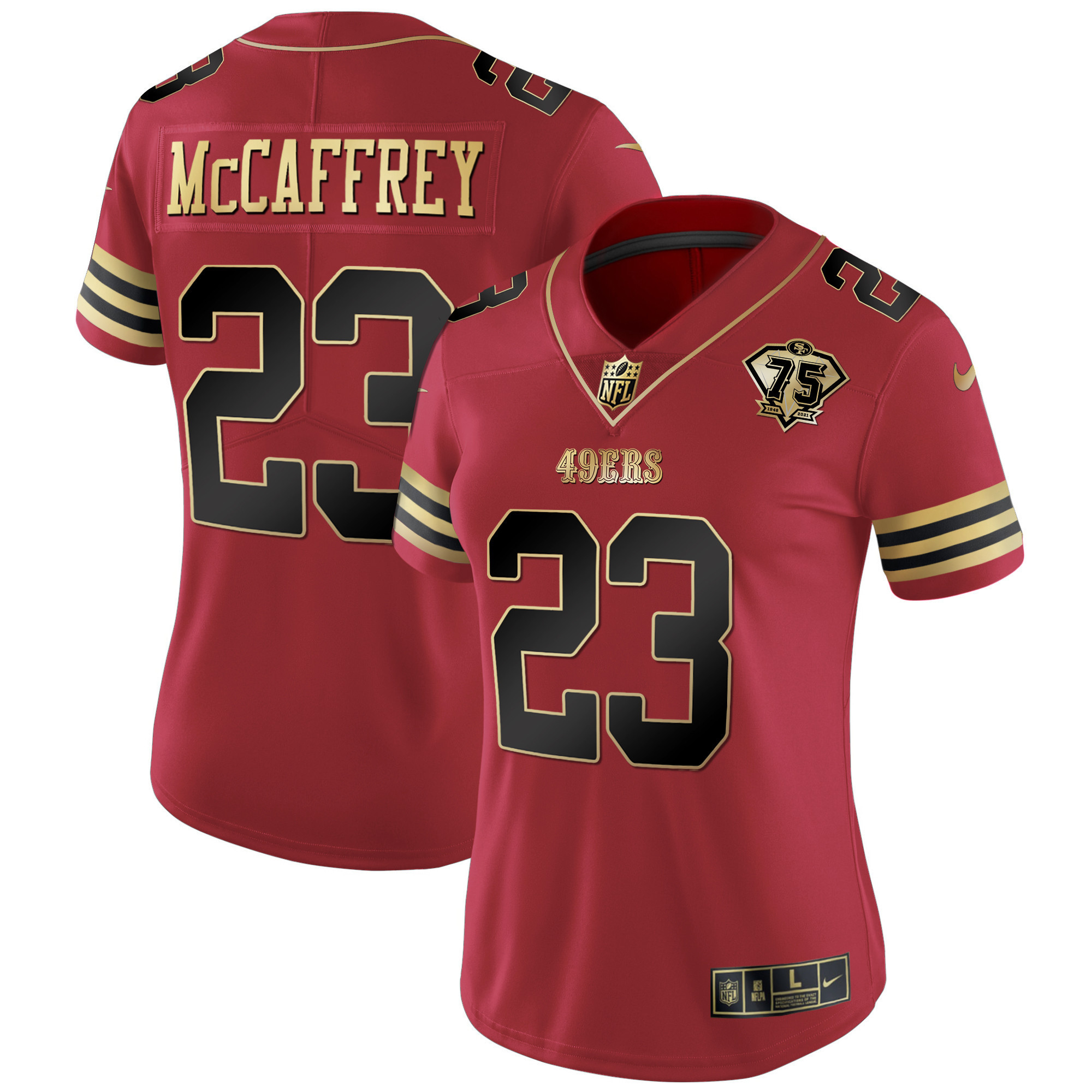 Women's Christian McCaffrey San Francisco 49ers 75th Anniversary Patch Vapor Gold Black Red Jersey V2 - All Stitched