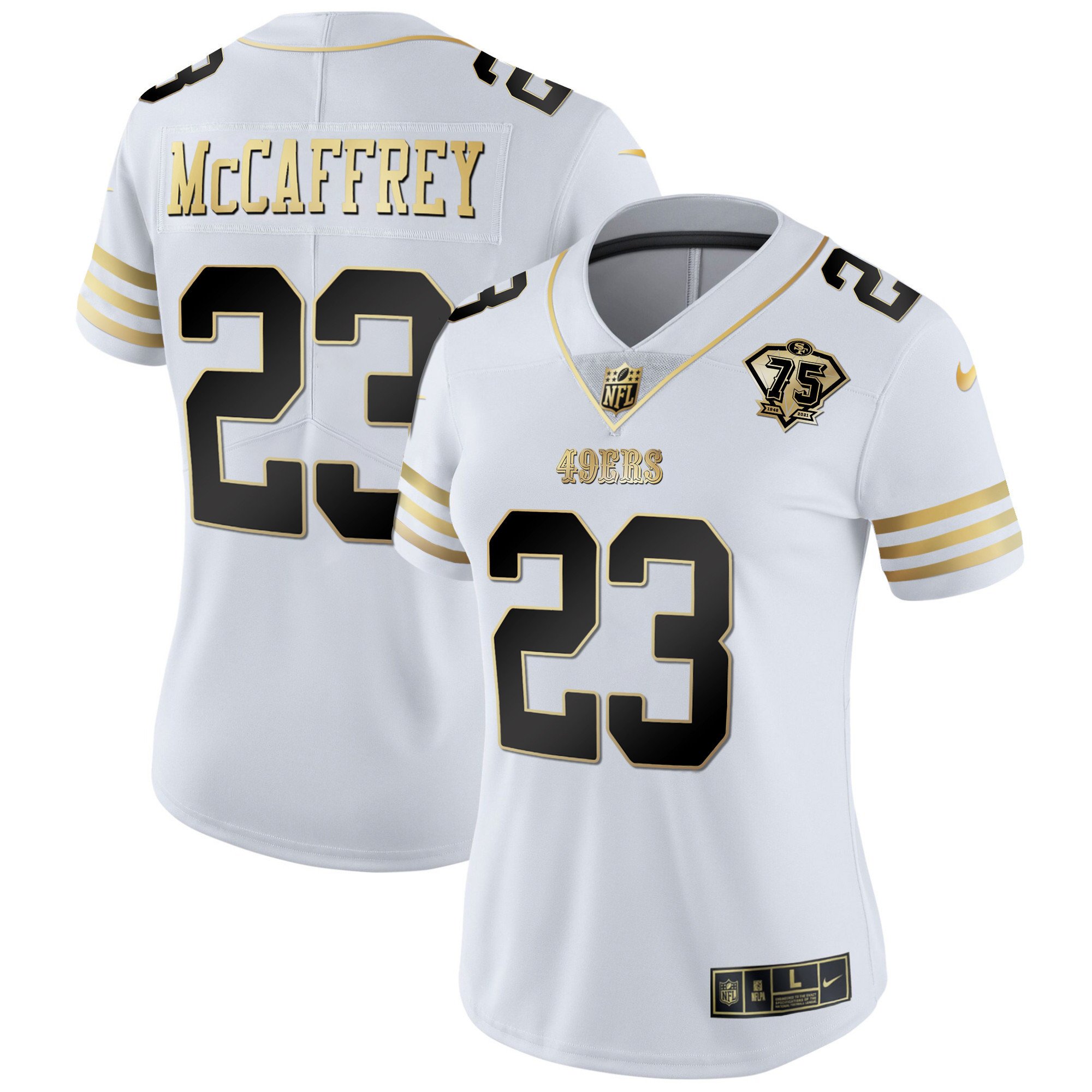 Women's Christian McCaffrey San Francisco 49ers 75th Anniversary Patch Vapor Gold White Gold Jersey - All Stitched